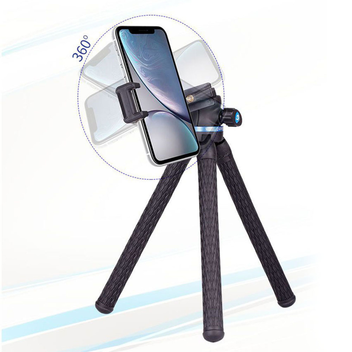 Stativ, das ein Smartphone in einem Winkel hält. Telefon ist schwarz und weiß. Blauer Hintergrund.