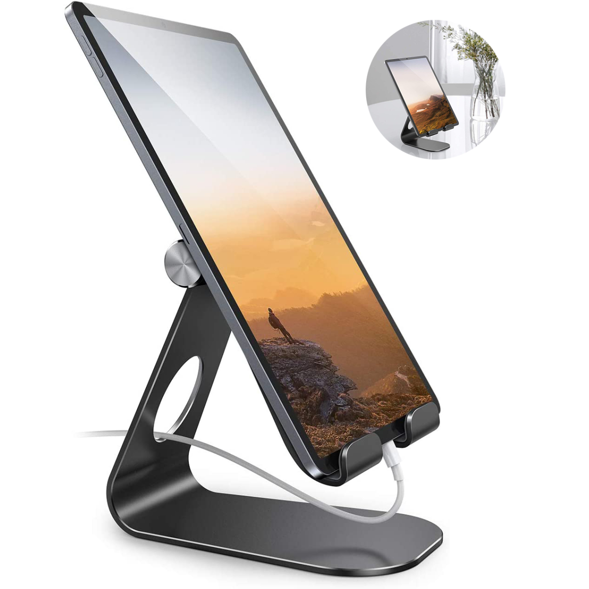 Ein Tablet wird auf einem silbernen Ständer mit weißem Ladekabel aufgestellt. Ein kleineres Bild ist in der Ecke.