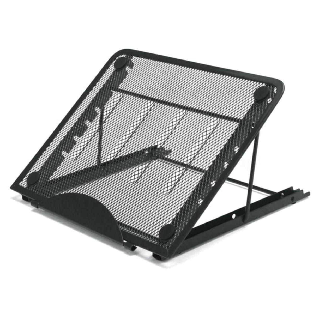 Schwarzer Laptop-Ständer aus Metallgitter, abgewinkelt, mit Gummifüßen.