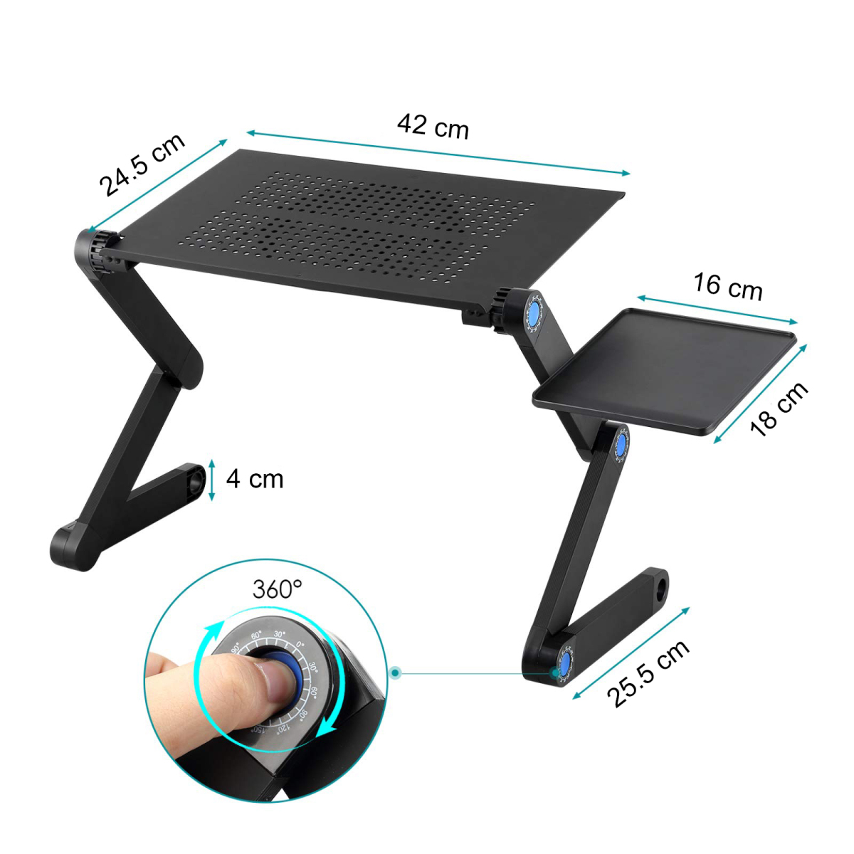 Verstellbarer schwarzer Laptoptisch mit Maßen in cm. Hat einen kleinen Beistelltisch und eine Hand, die einen Drehknopf betätigt.