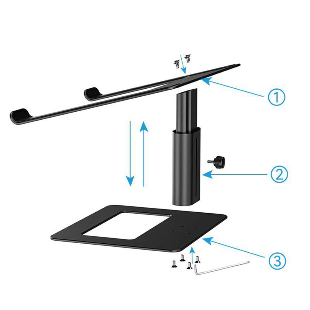 Diagramm eines Laptop-Ständers, das drei Hauptkomponenten zeigt: Basis, Mittelsäule und obere Halterung.