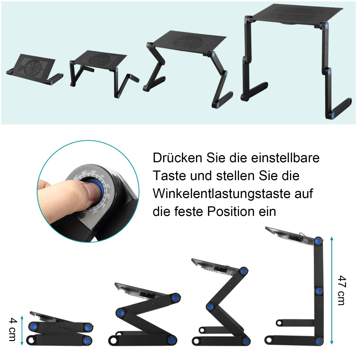 Ein schwarzer, verstellbarer Laptop-Schreibtisch in mehreren Positionen, mit Text und Maßen.