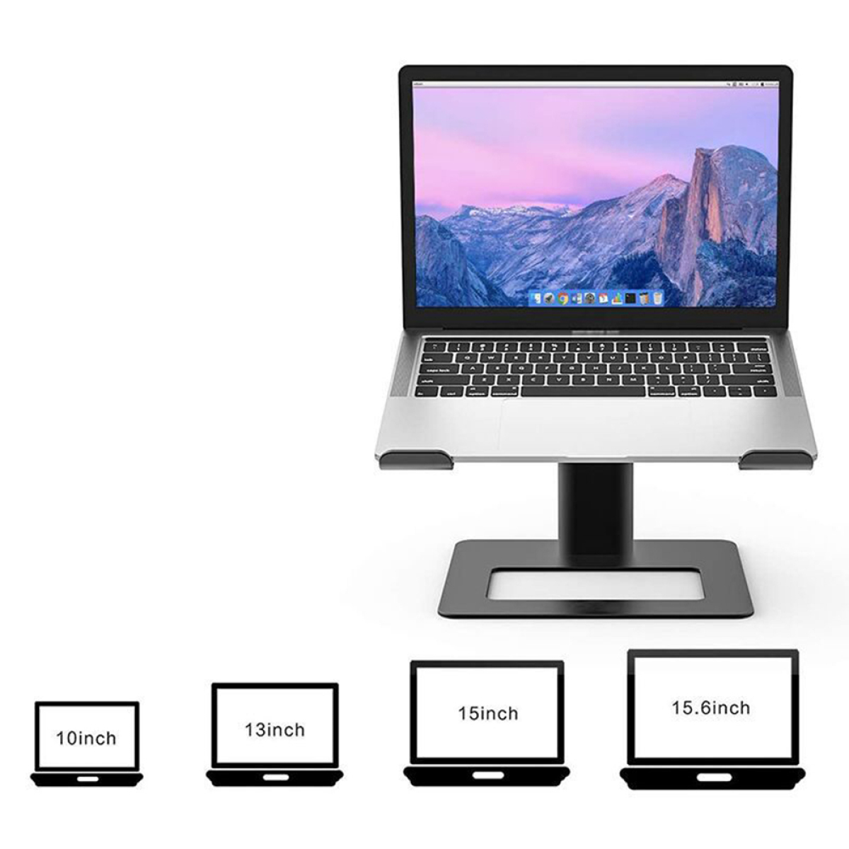 Laptop auf einem schwarzen Ständer. Vier Laptop-Größen-Icons, 10, 13, 15 und 15,6 Zoll.