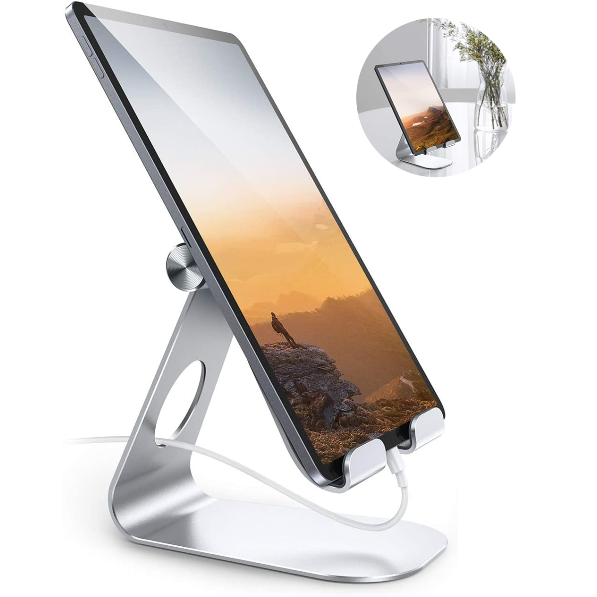 Silbernes Tablet auf einem Ständer mit Ladekabel. Ein weiterer Ständer und Tablet im Hintergrund.