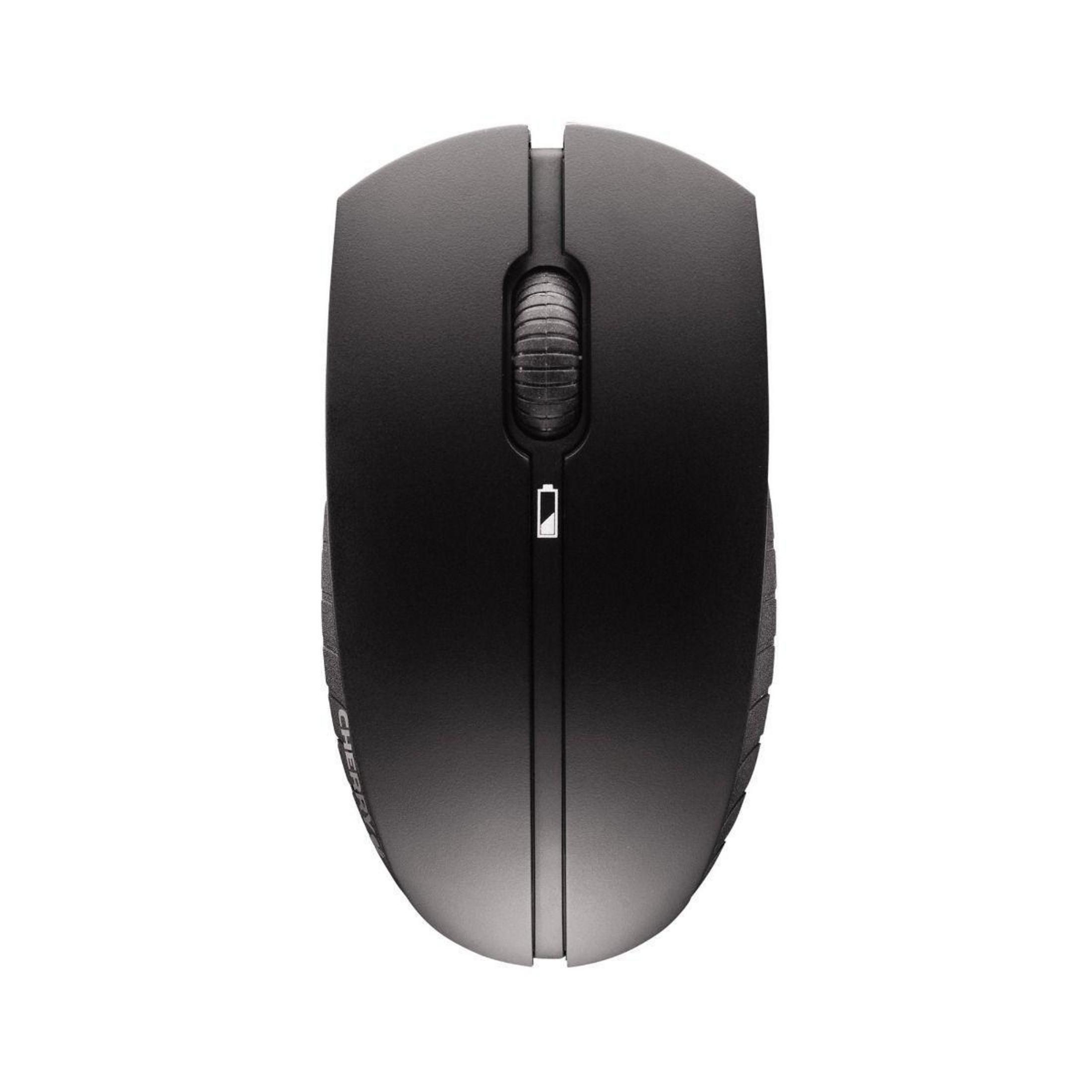 Czarna mysz komputerowa z kółkiem przewijania i wskaźnikiem baterii, widok z góry.