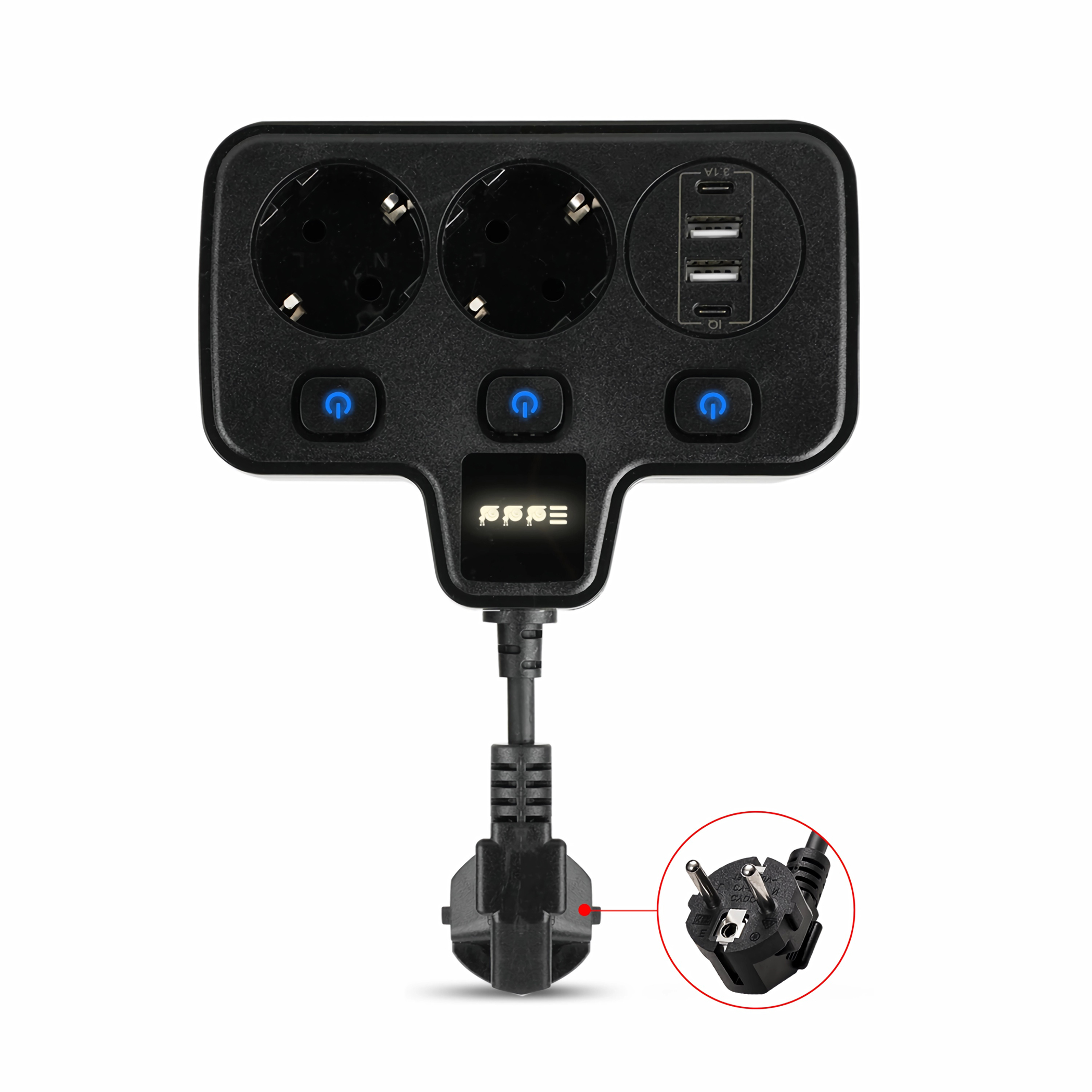 Schwarze Steckdosenleiste mit drei Steckdosen, USB-Anschlüssen und einem Stecker.