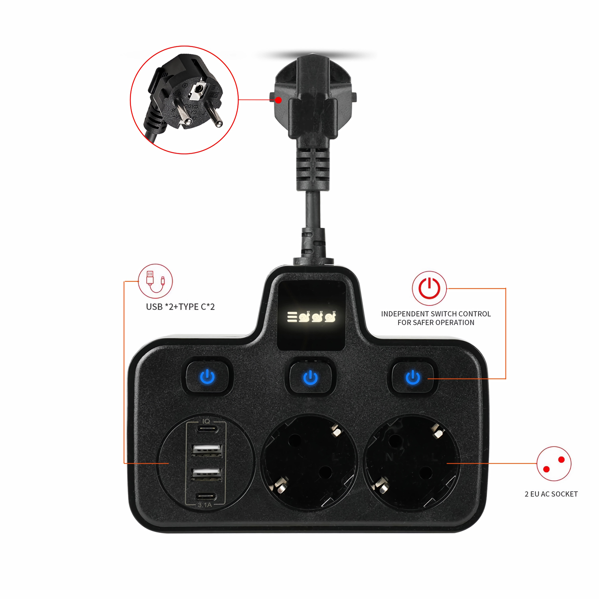 Schwarze Steckdosenleiste mit mehreren Steckdosen, USB-Anschlüssen und Power-Buttons, mit schwarzem Stecker.