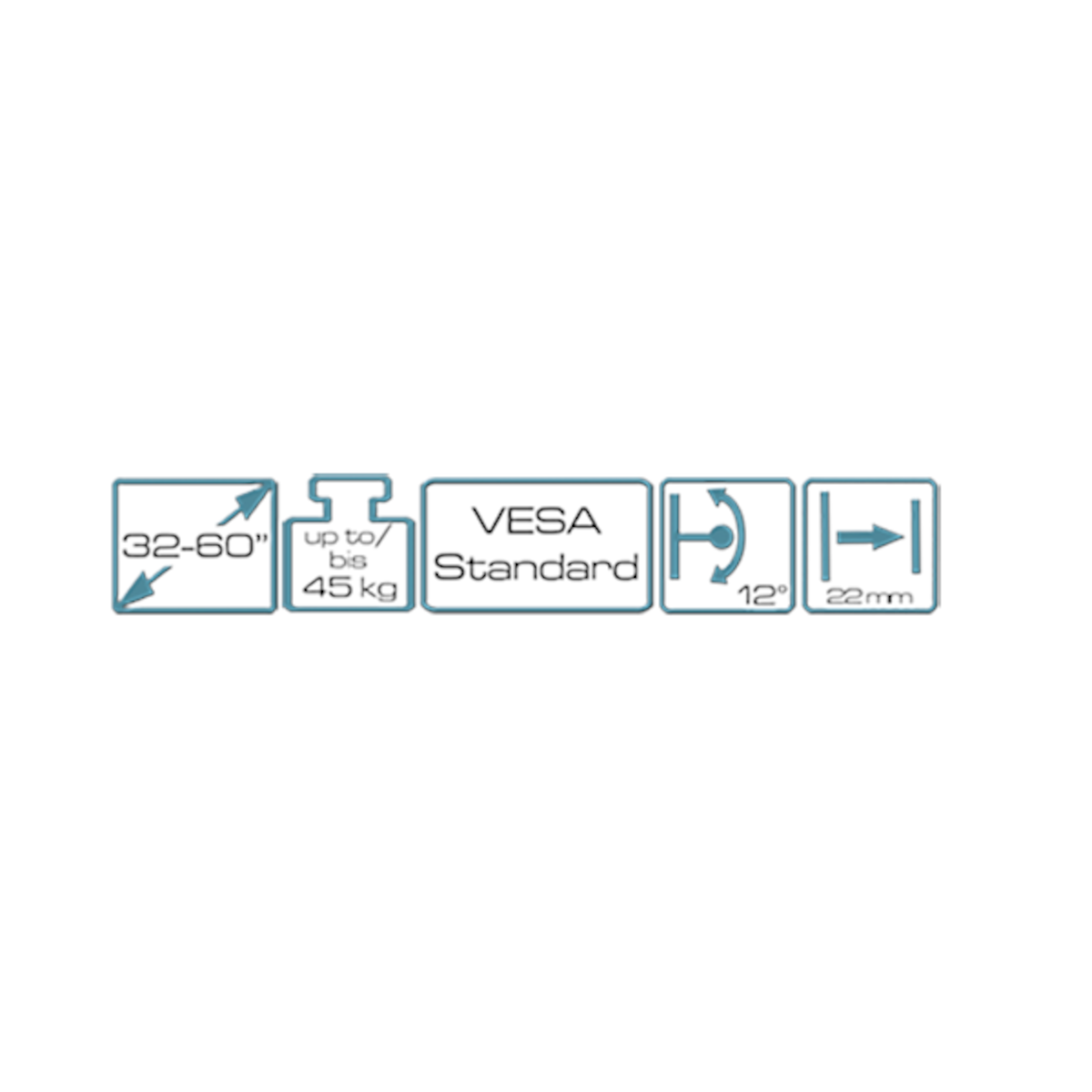 Ein Diagramm mit Symbolen und Text über VESA-Standard, Größenbereich und Gewichtskapazität.
