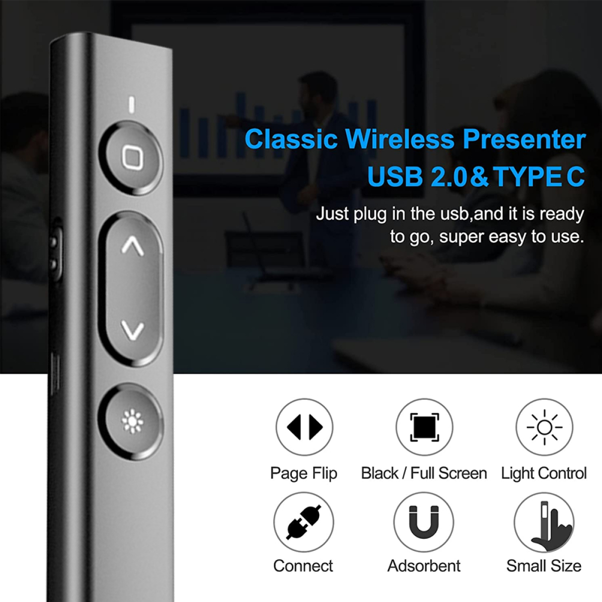 Silberner Präsentationsredner mit Knöpfen. Text: Klassischer kabelloser Presenter USB 2.0 & TYPE C. Funktionen werden gezeigt.