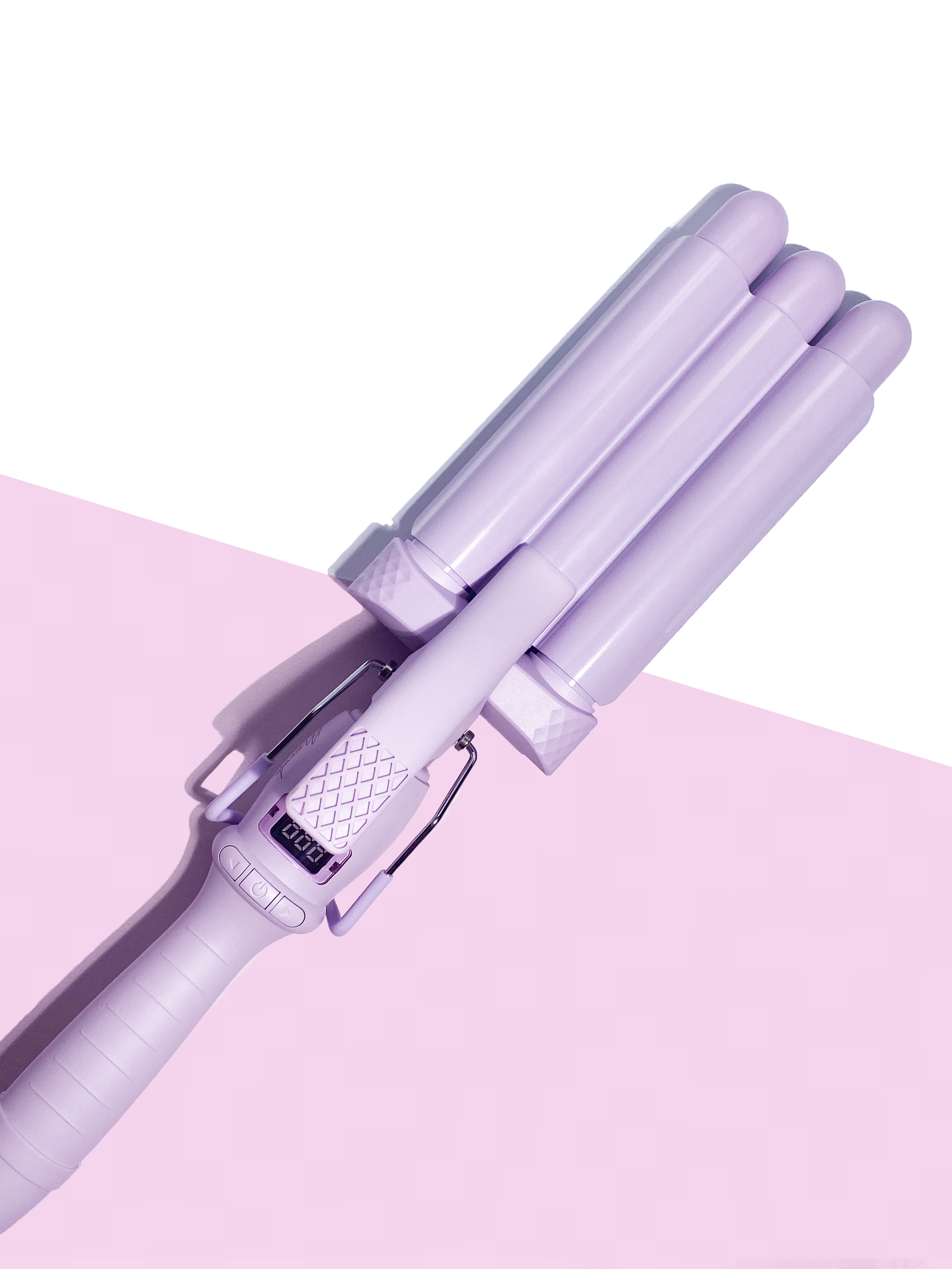 Lila Haarwellen auf rosa und weißem Hintergrund. Drei Fässer und eine Digitalanzeige. Schuss aus einem Winkel.