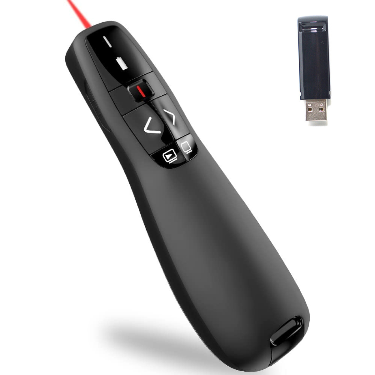 Eine schwarze Präsentationsfernbedienung mit Tasten und einem roten Laserpointer.
