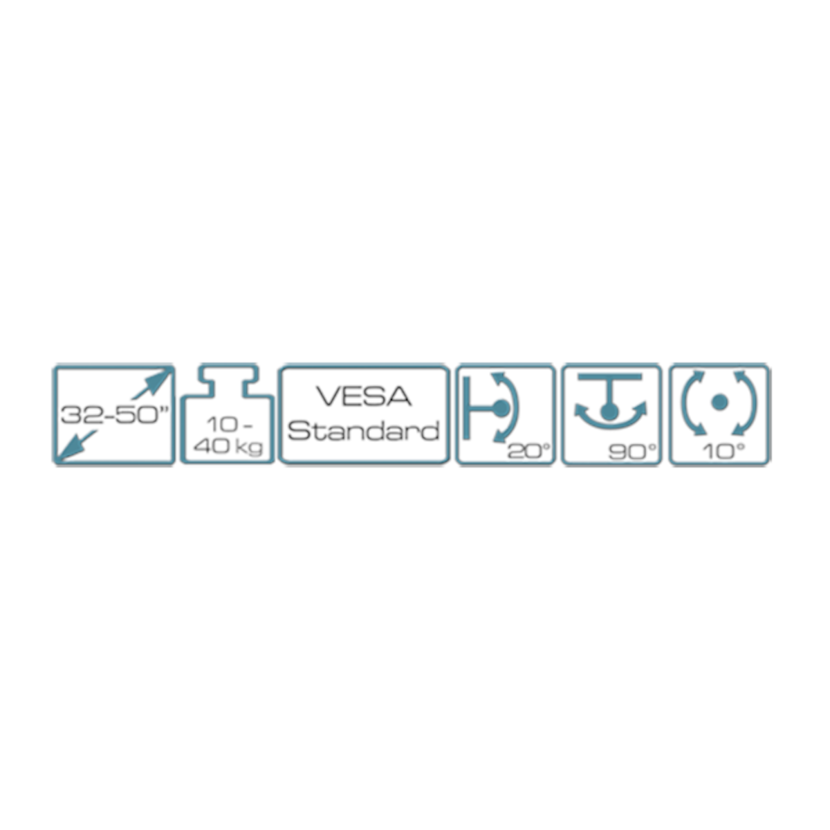 Diagramm mit Symbolen für Displaygröße 32-50", Gewicht 10-40 kg, VESA-Standard und Neigungswinkel.