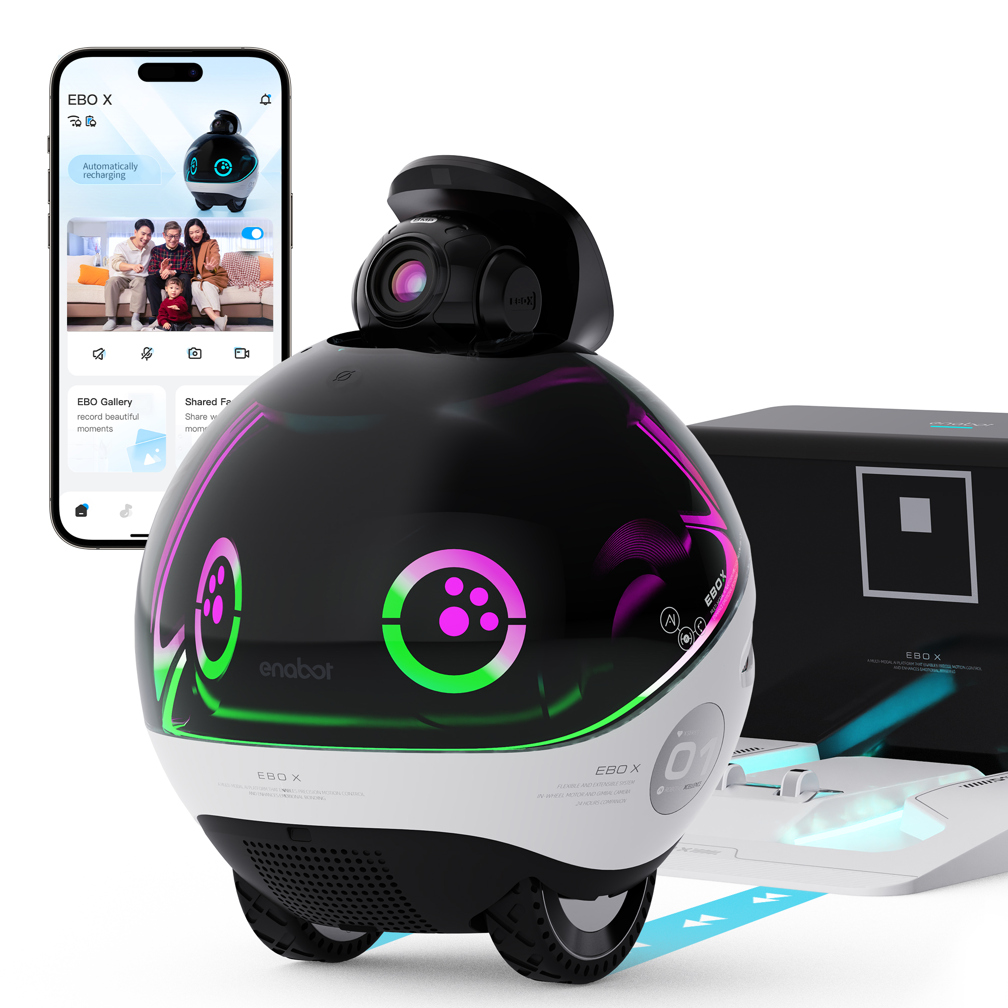 Un robot bianco e nero con uno schermo che mostra un'interfaccia telefonica e una stazione di ricarica.