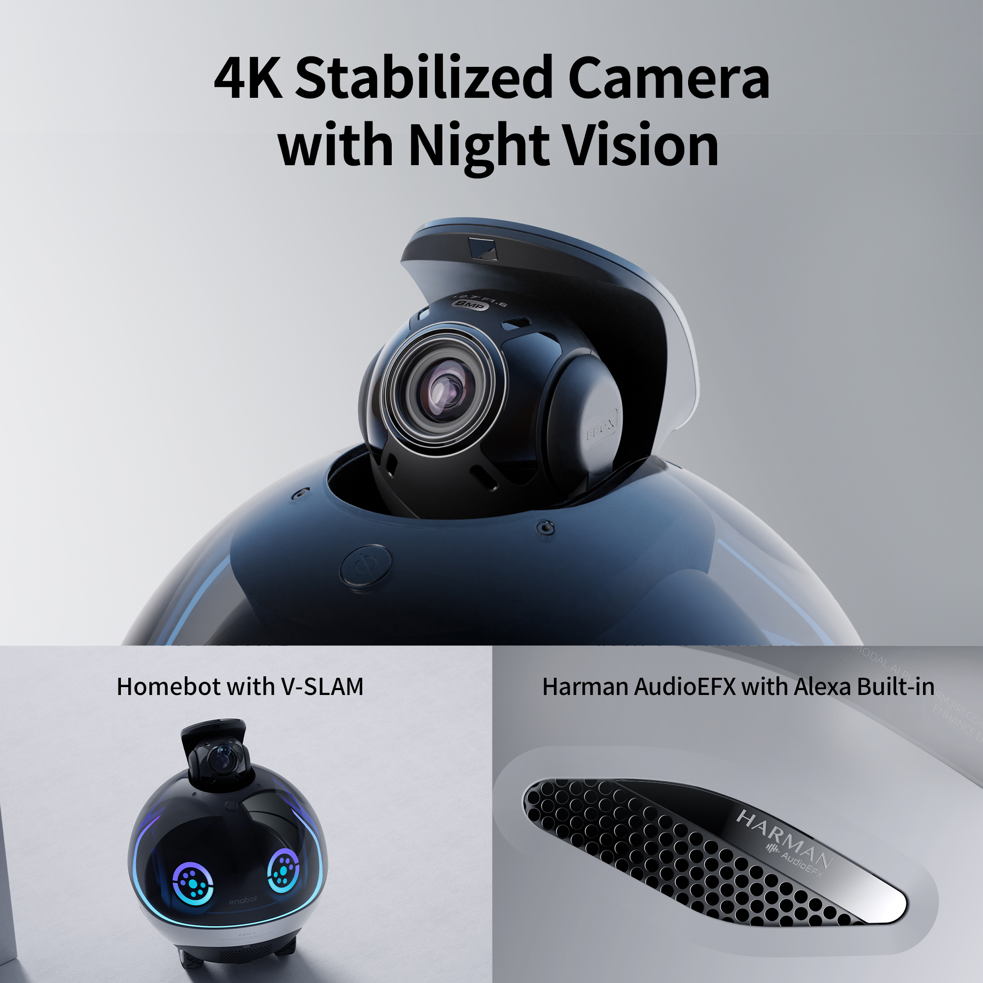 Una telecamera robotica con stabilizzazione 4k e visione notturna, accanto a un dispositivo audio e a un piccolo robot.
