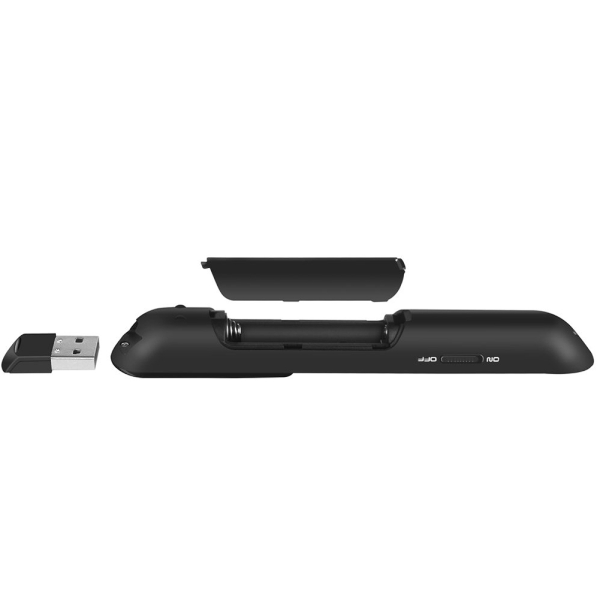 Schwarzes elektronisches Gerät mit USB-Adapter und offenem Batteriefach. Isoliert auf Weiß.