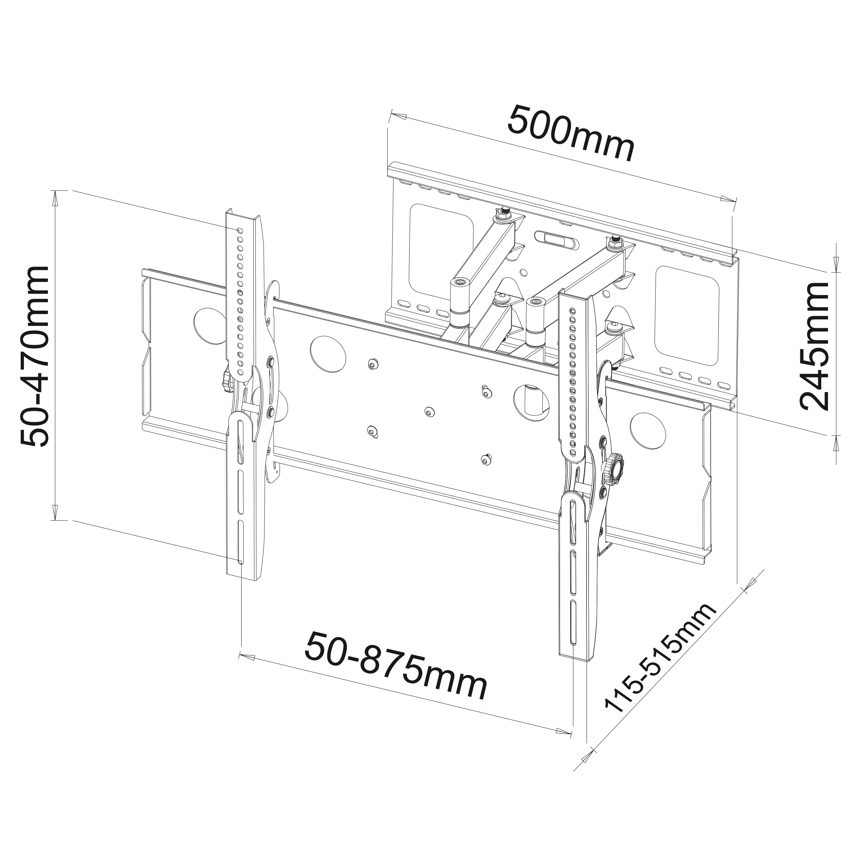 Diagramm mit Abmessungen für eine TV-Halterung auf weißem Hintergrund. Zeigt Messungen.