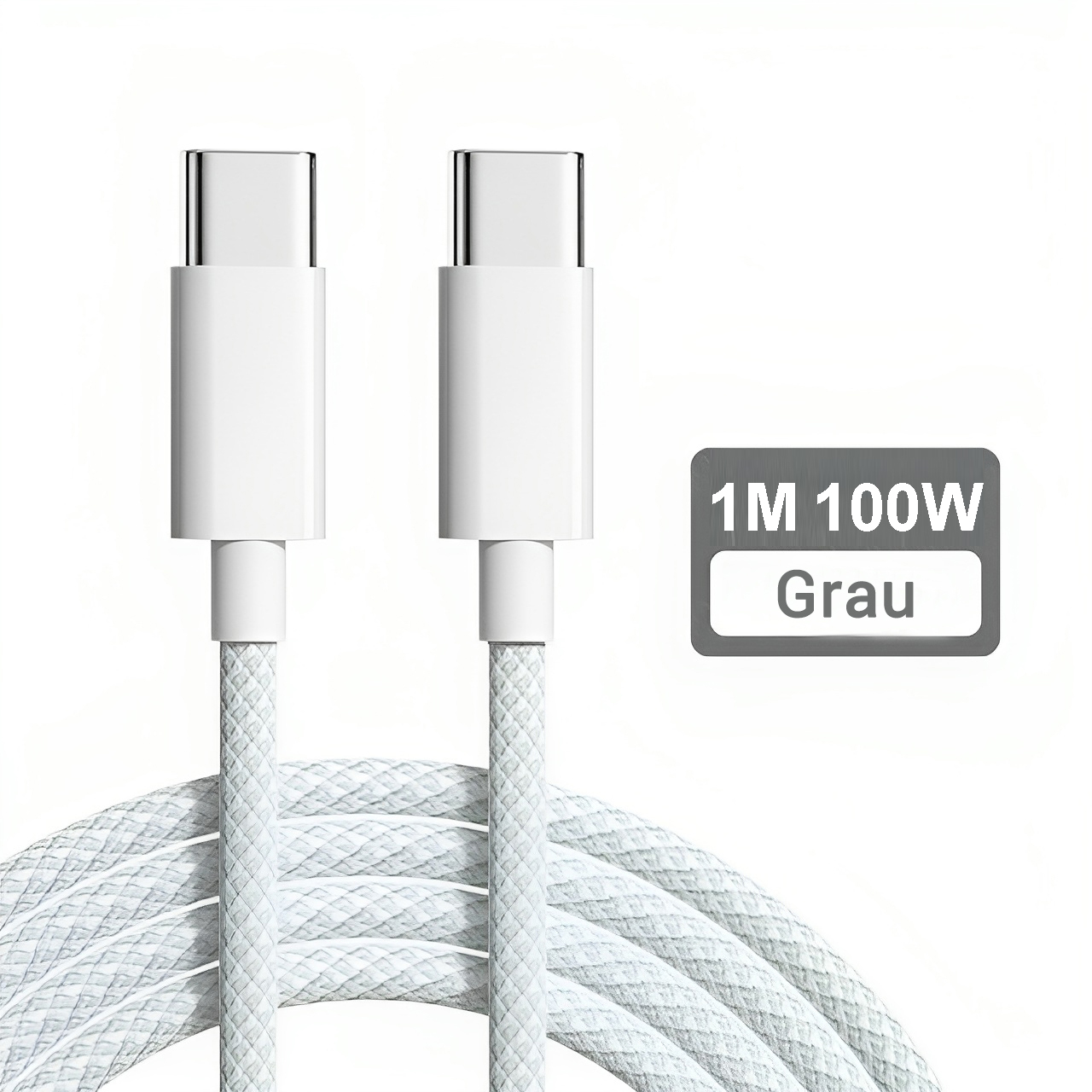 Weißes USB-C-Kabel mit weißen Steckern. Graues Etikett mit '1M 100W Grau'.