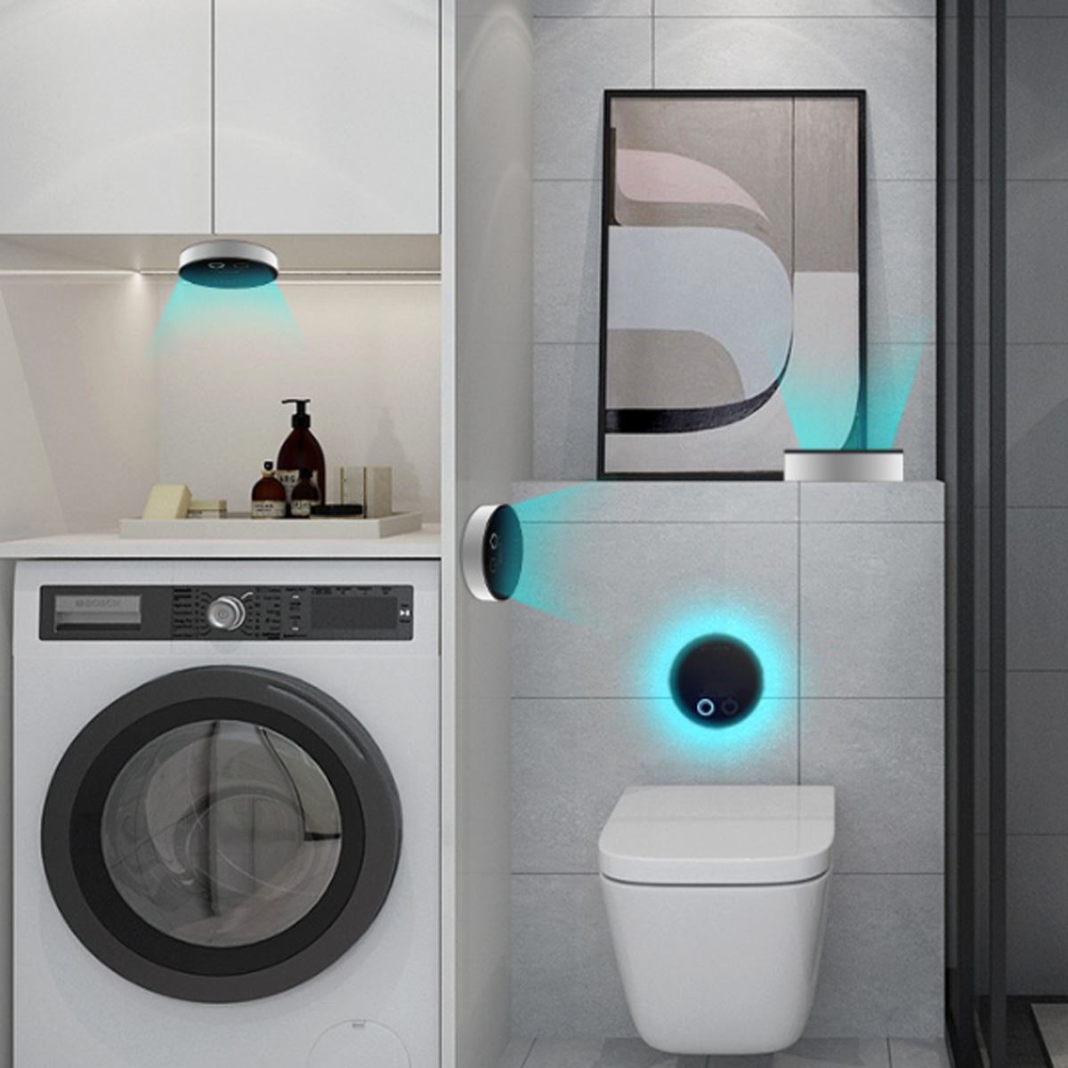 Ein Badezimmer mit Waschmaschine, Toilette und zwei Luftreinigern.