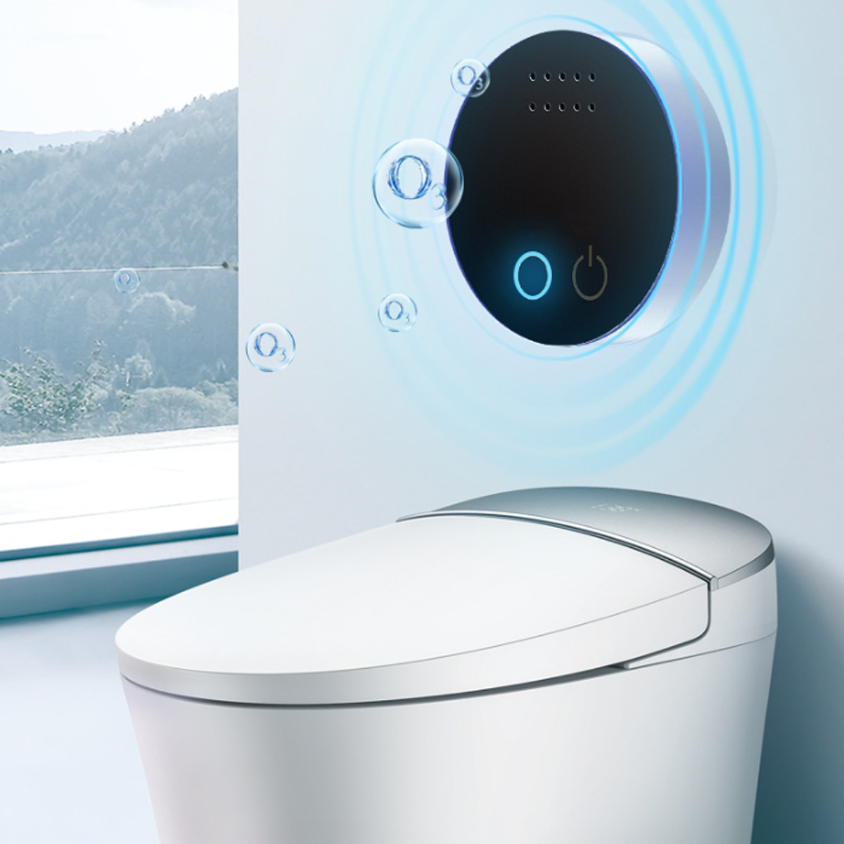 Eine weiße Toilette mit Bedienfeld und blauen Luftblasen in einem modernen Badezimmer.