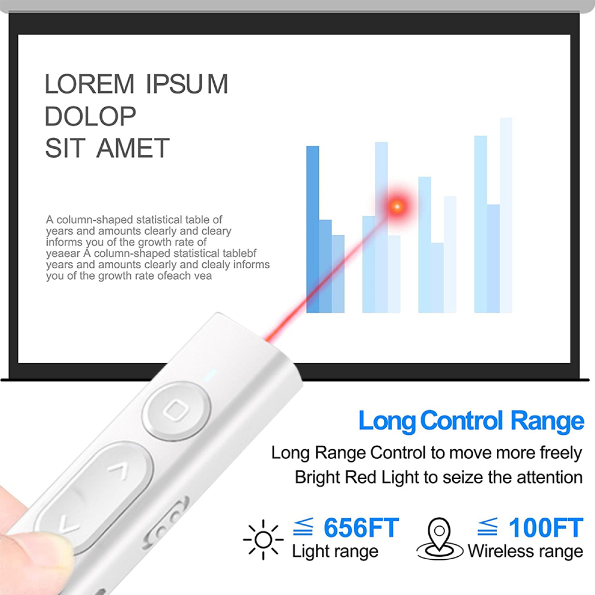 Weißer Laserpointer mit rotem Laserstrahl und begleitendem Text.