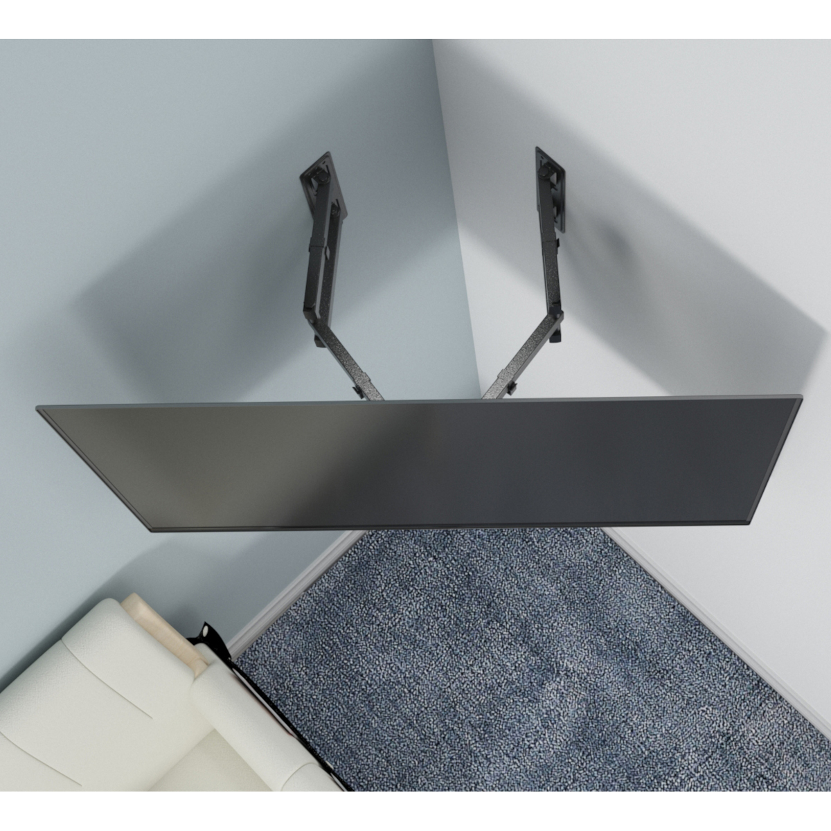Draufsicht auf TV in Ecke montiert. TV schwarz, Wand grau und weiß, Teppich blau.