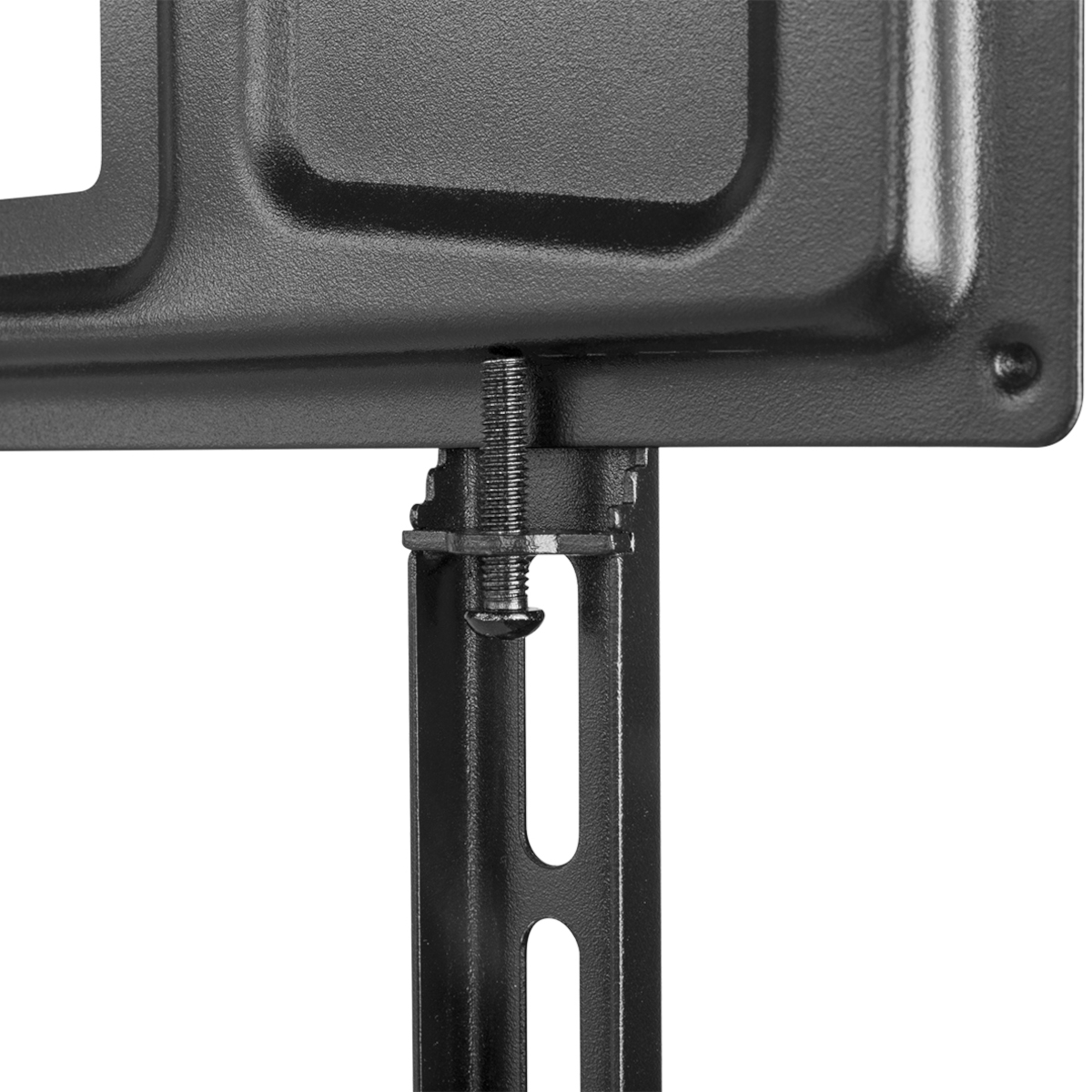 Nahaufnahme einer schwarzen TV-Halterung aus Metall mit einer Schraube und einem Bolzen.