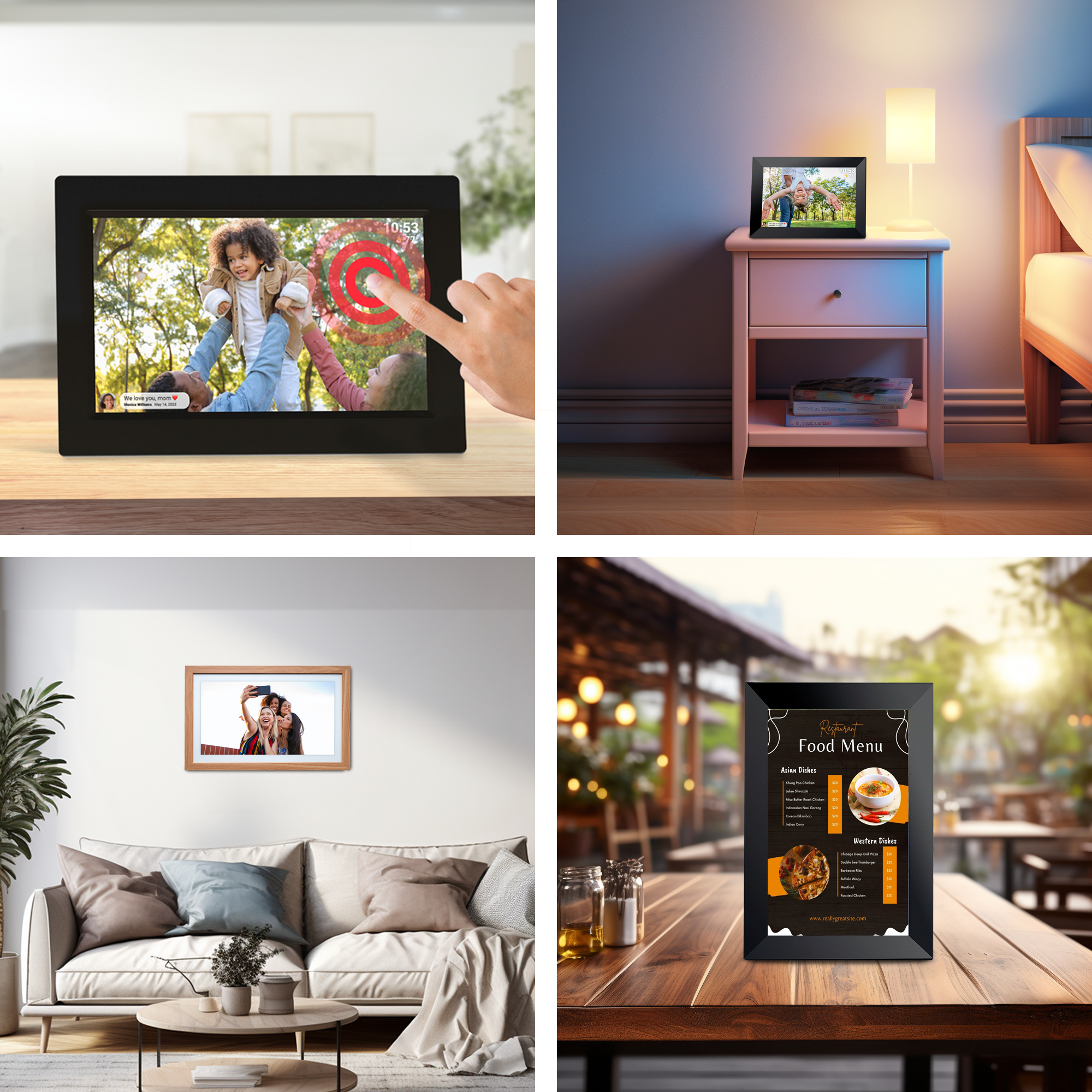 Cyfrowa ramka na zdjęcia wyświetla zdjęcie rodzinne. Palec dotyka ekranu. Ramka stoi na drewnianym stole.