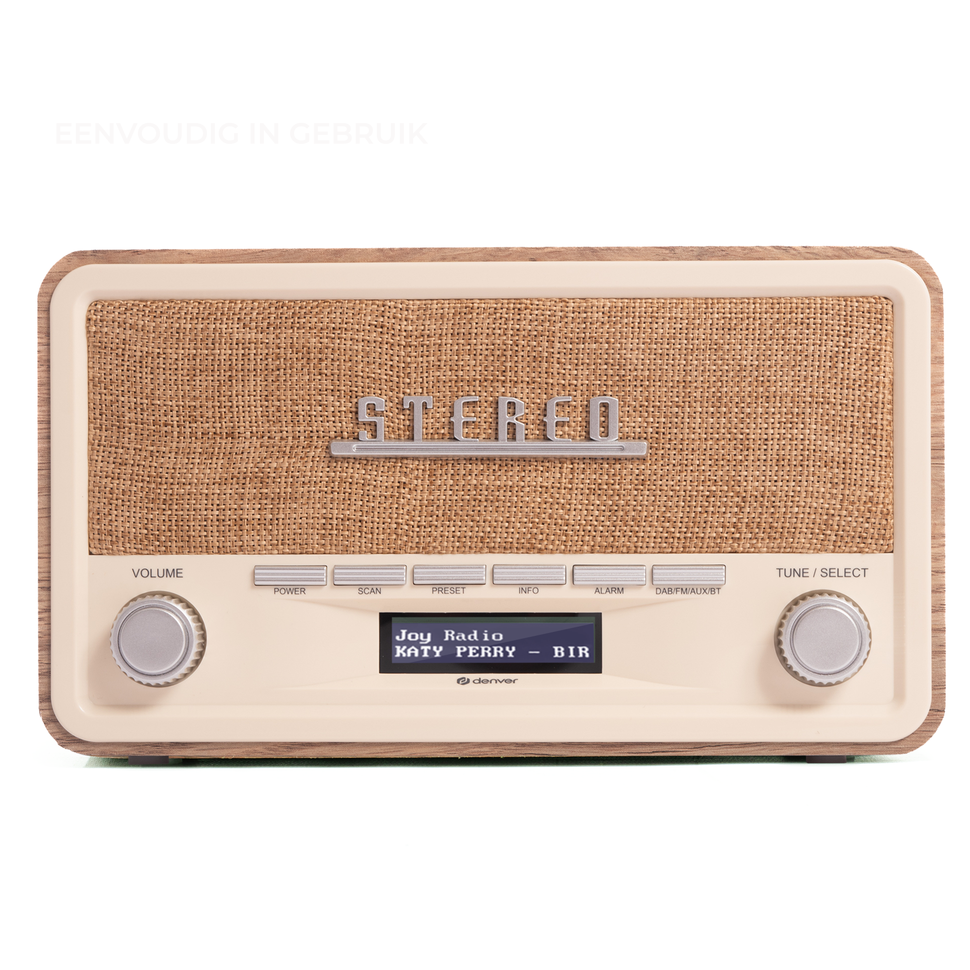 Retro radio with beige face, brown wood trim, and digital display showing a song and artist.