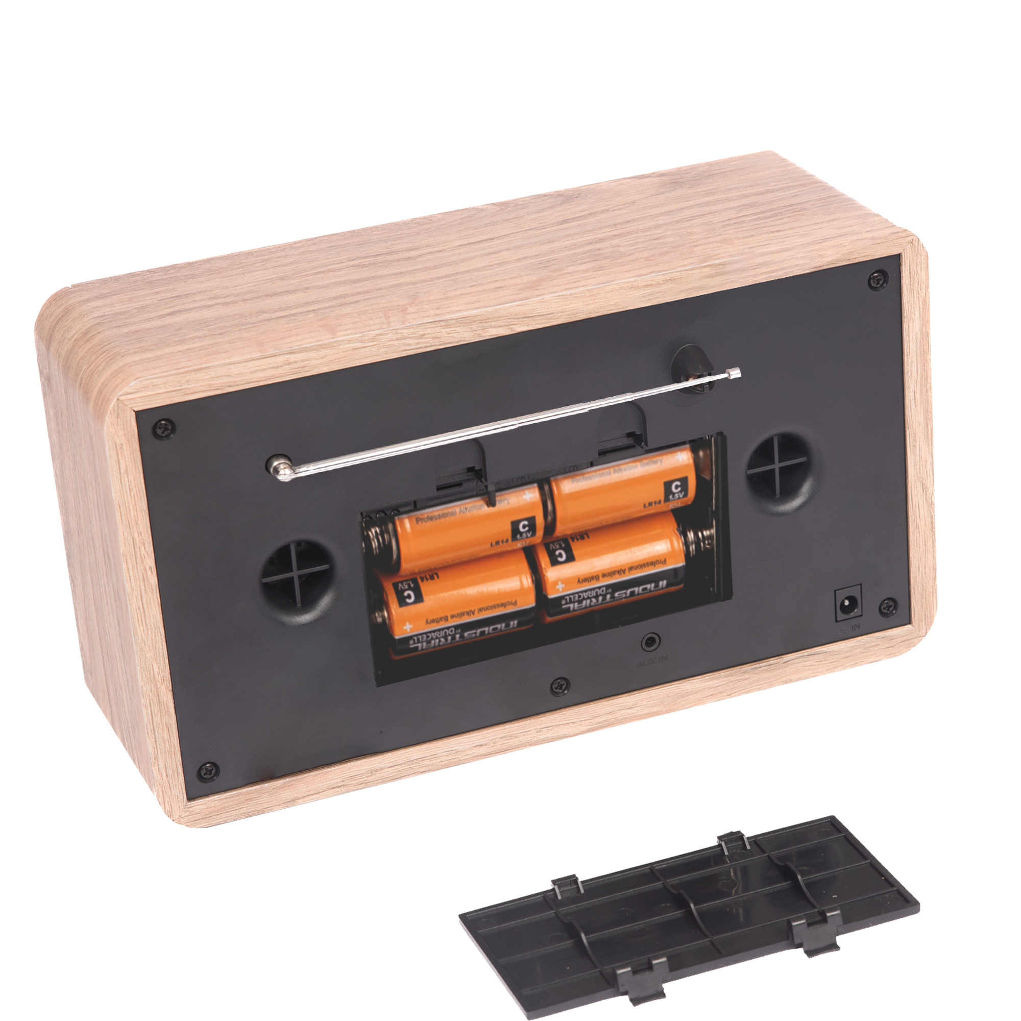Wooden radio with batteries visible inside and a detachable cover. The back shows the battery slot.