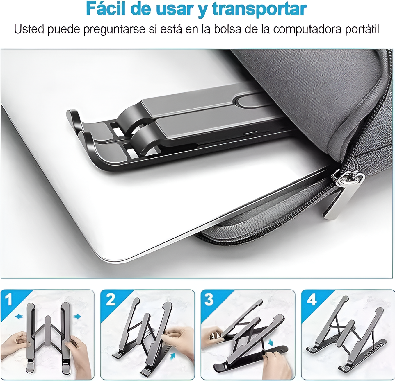 Una computadora portátil y un soporte portátil, con instrucciones de plegado paso a paso.