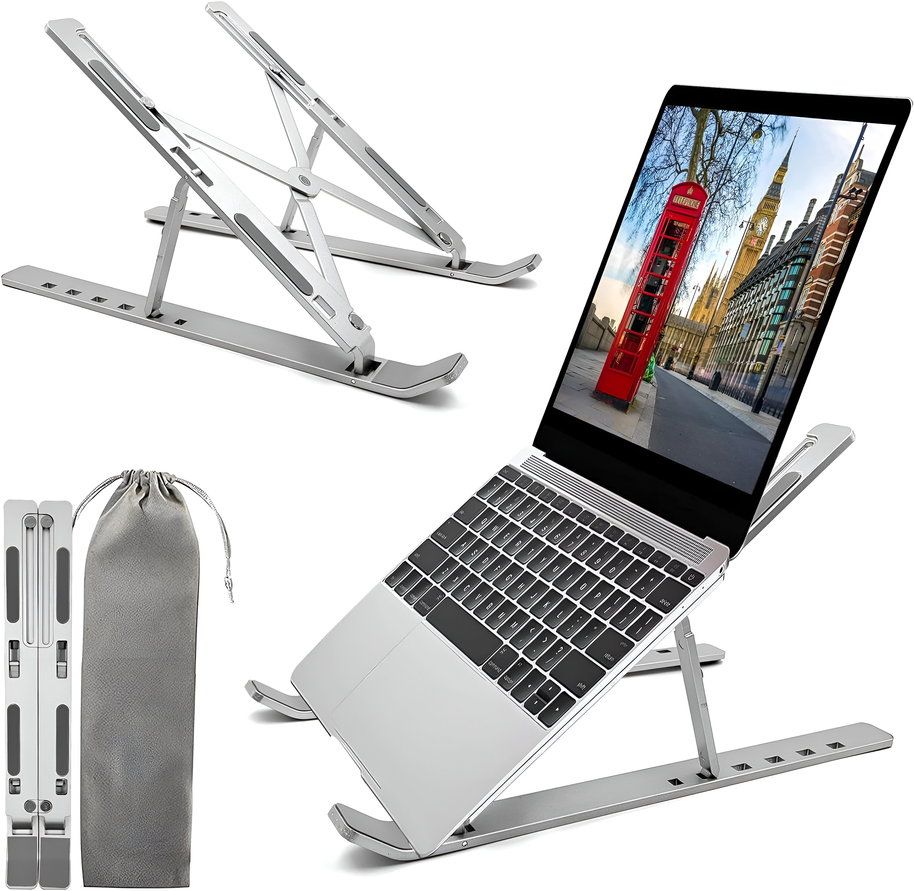Laptop en soporte plateado con soporte plegado y bolsa al lado.