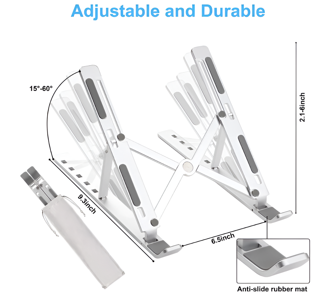 Soporte para portátil plateado, ajustable, con detalles de medición y una alfombrilla de goma antideslizante.