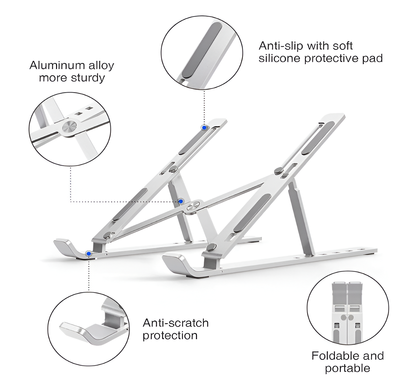 Soporte plateado para portátil con varios detalles. El soporte está sobre un fondo blanco.