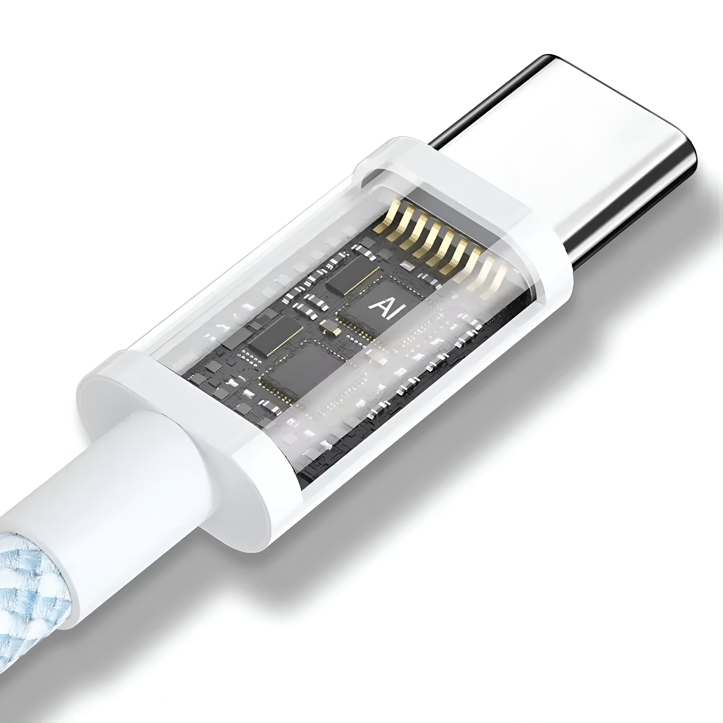 Cable USB-C blanco y azul con una carcasa transparente que muestra el circuito interno.