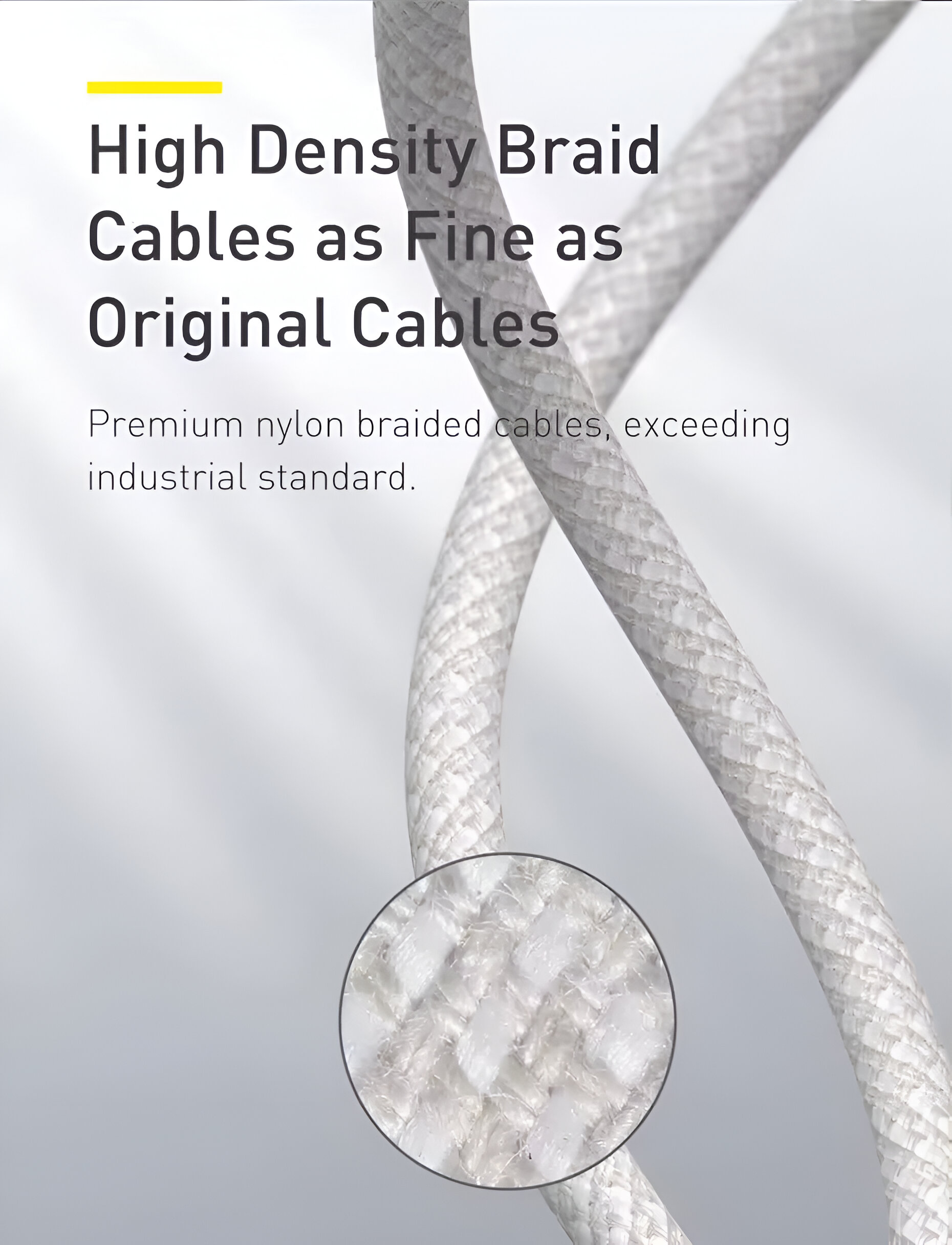 Primer plano de cable trenzado blanco. El texto dice 'Cables trenzados de alta densidad tan finos como los cables originales'.