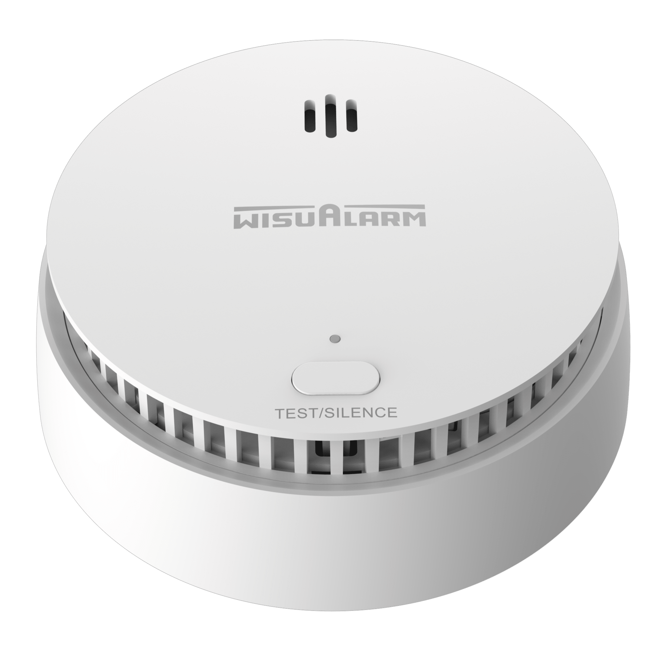 Un detector de humo blanco tiene un diseño circular, con un botón de prueba/silencio y el logotipo WISUAlarm.