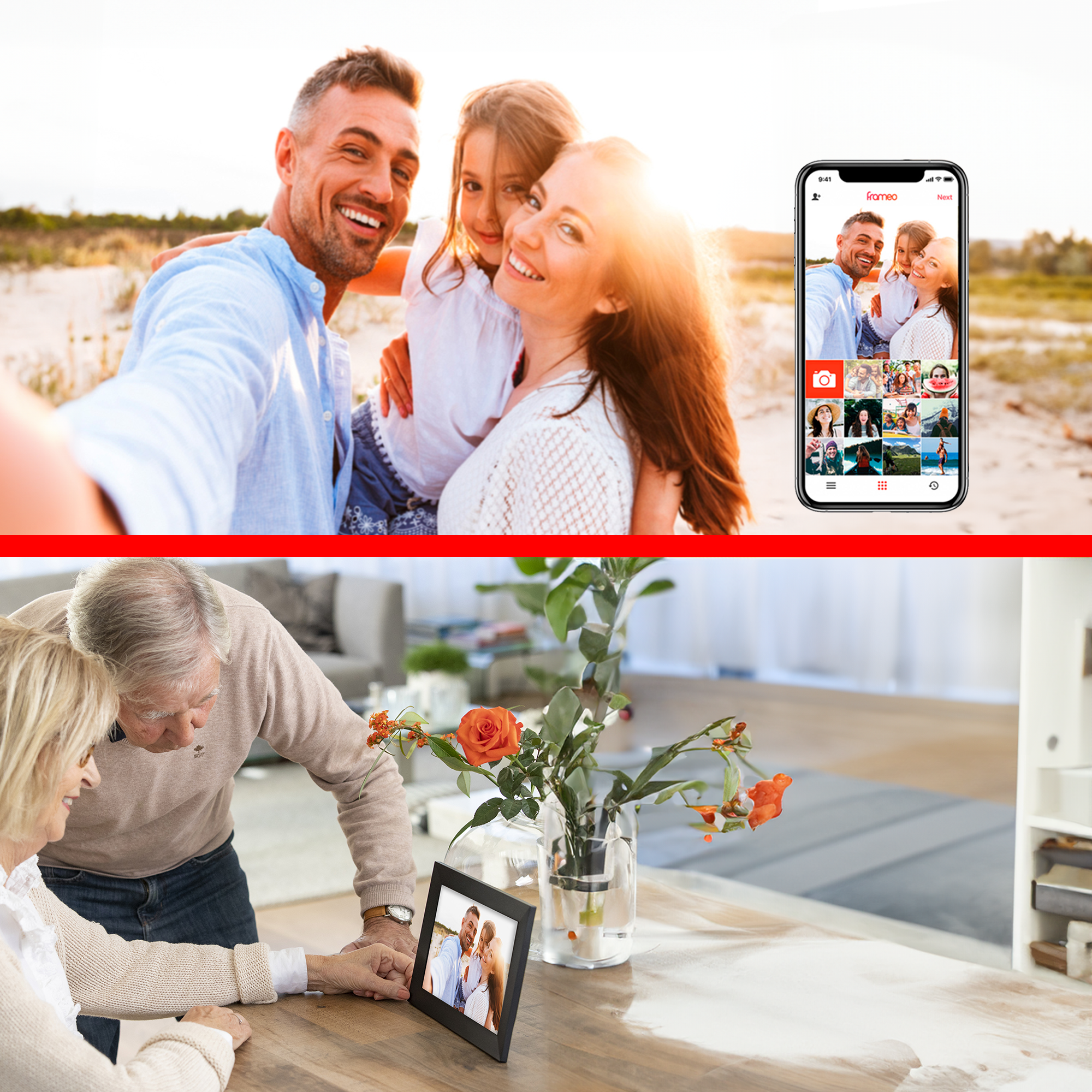Rodzinne selfie, aplikacja mobilna wyświetlająca zdjęcia. Starsza para ogląda ramkę ze zdjęciami.