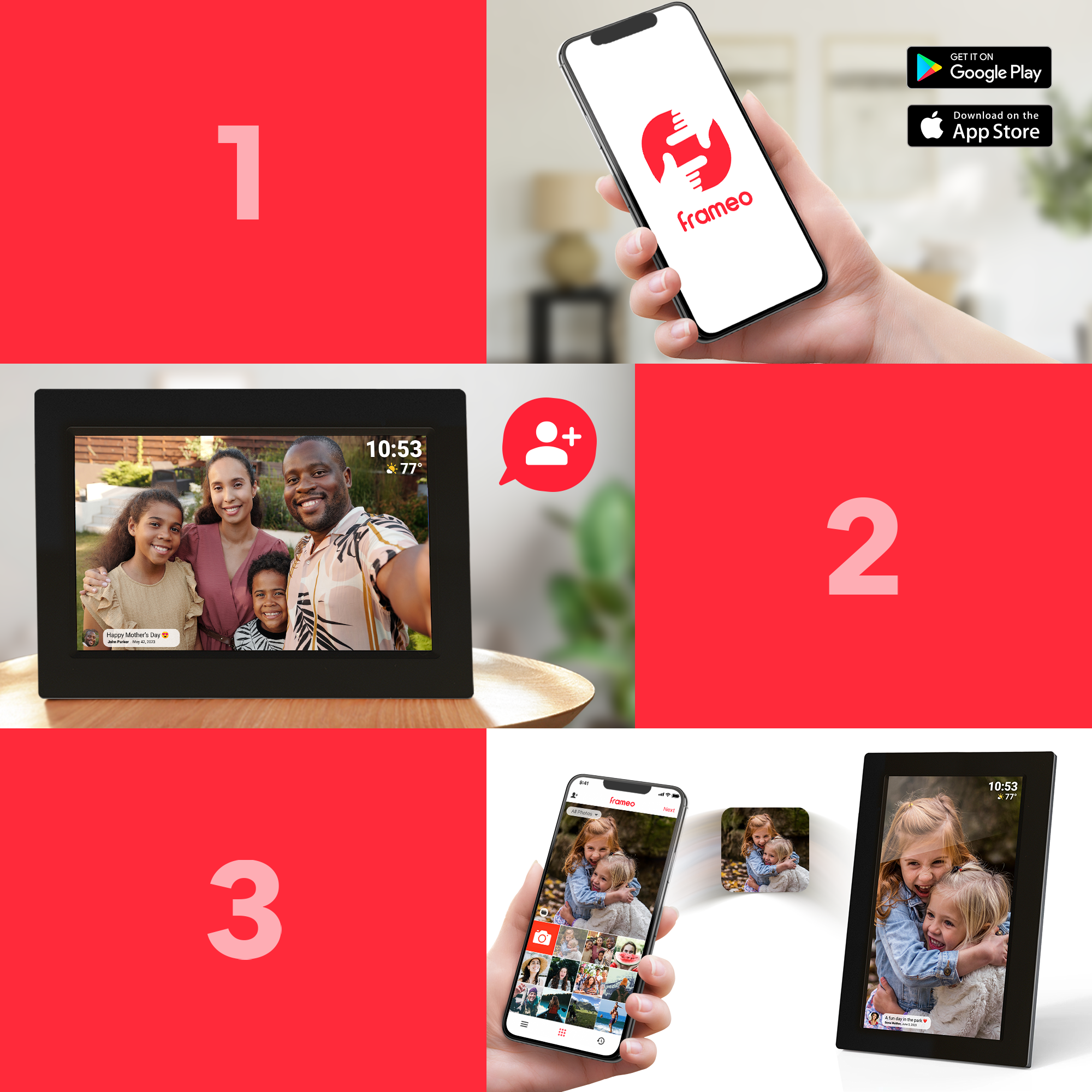 Kolaż cyfrowych ramek do zdjęć Framme, telefon wyświetlający aplikację Framme i dłoń trzymająca telefon.