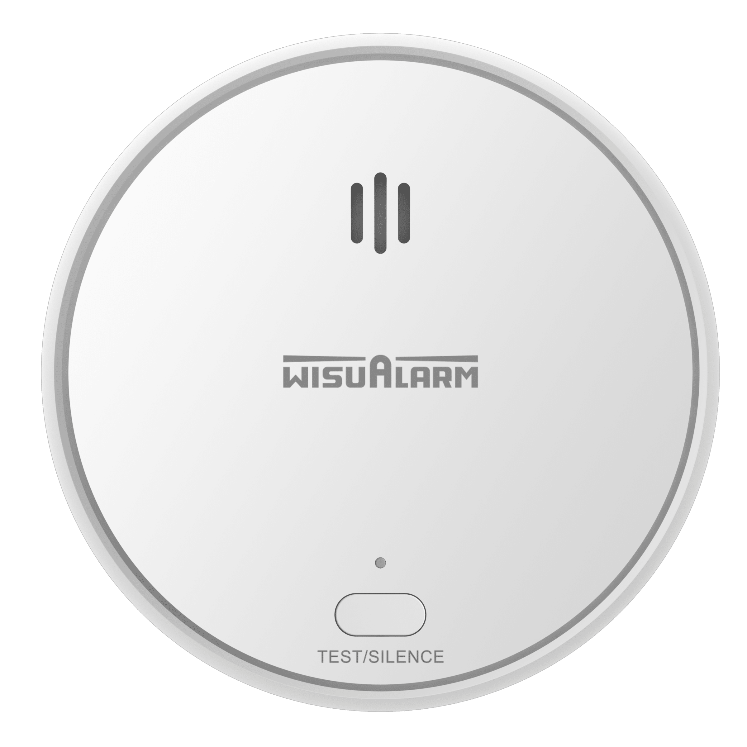 Un detector de humo blanco con el texto 'WISU Alarm' sobre un fondo negro.