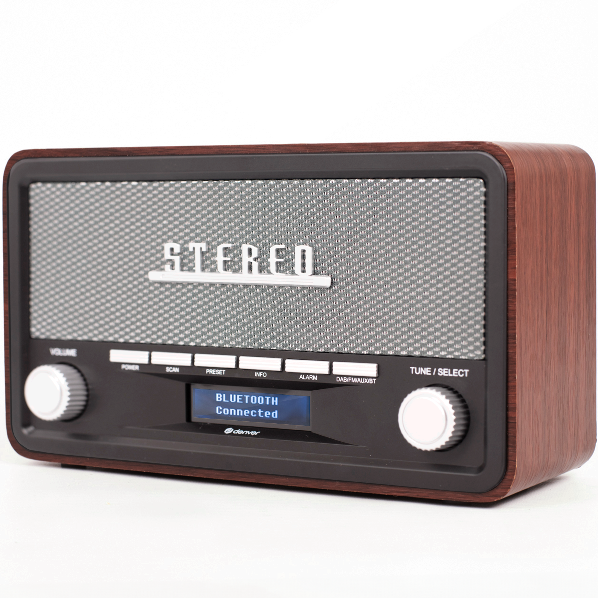 Radio stereo w stylu retro z drewnianym wykończeniem i wyświetlaczem cyfrowym.