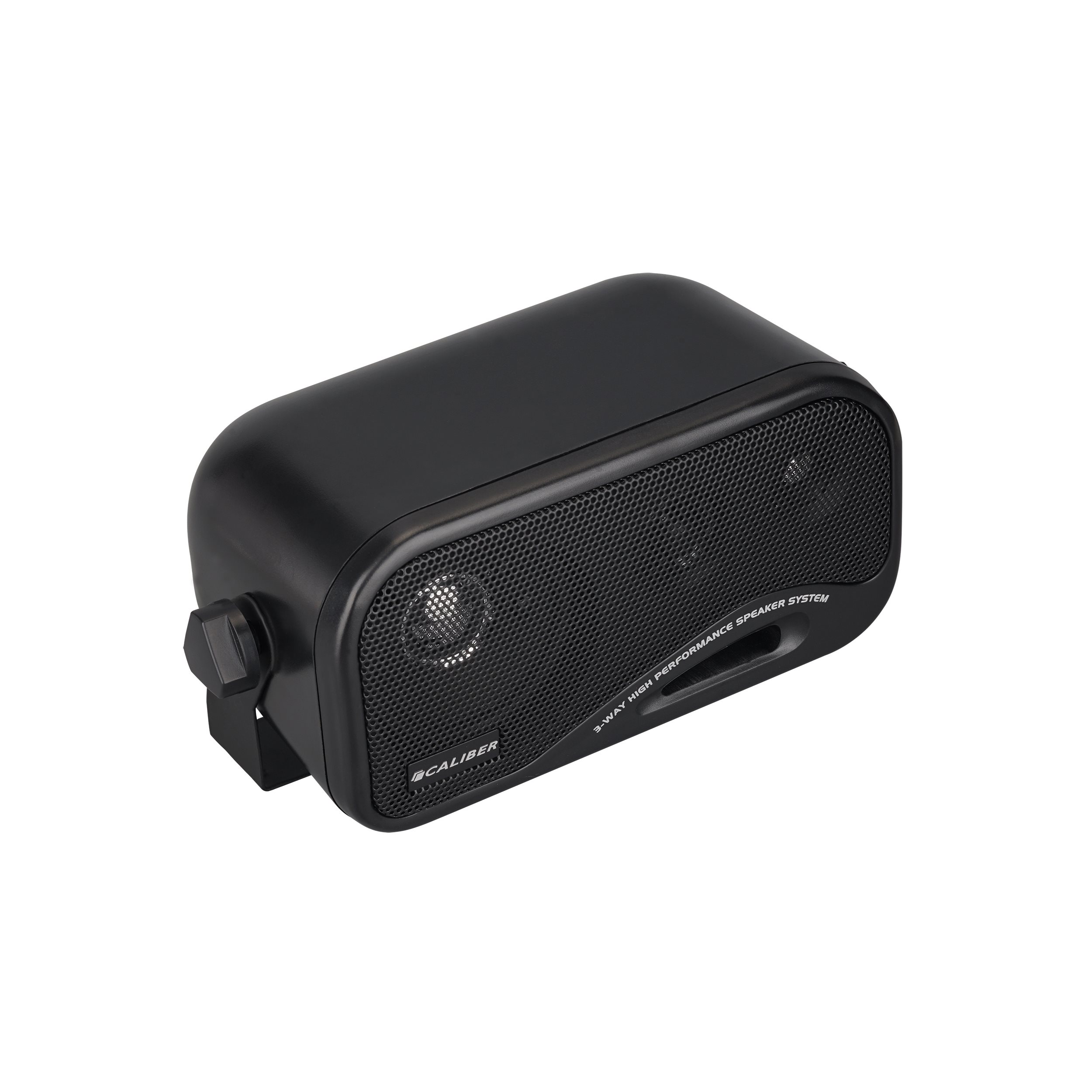 Black speaker, Caliber logo visible, with a black metal mesh front.