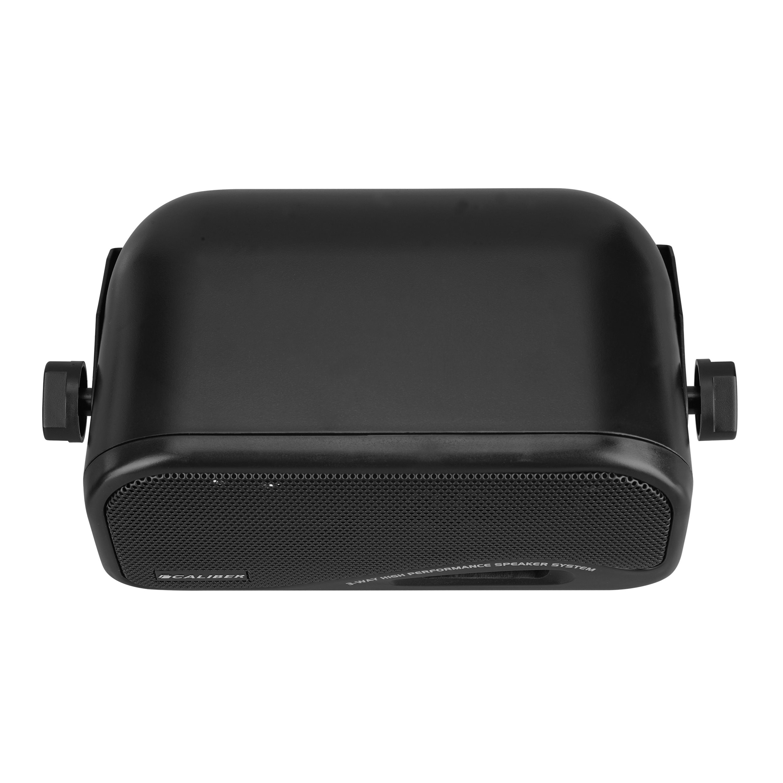 Black speaker box with a mesh front and the word 'CALIBER'.