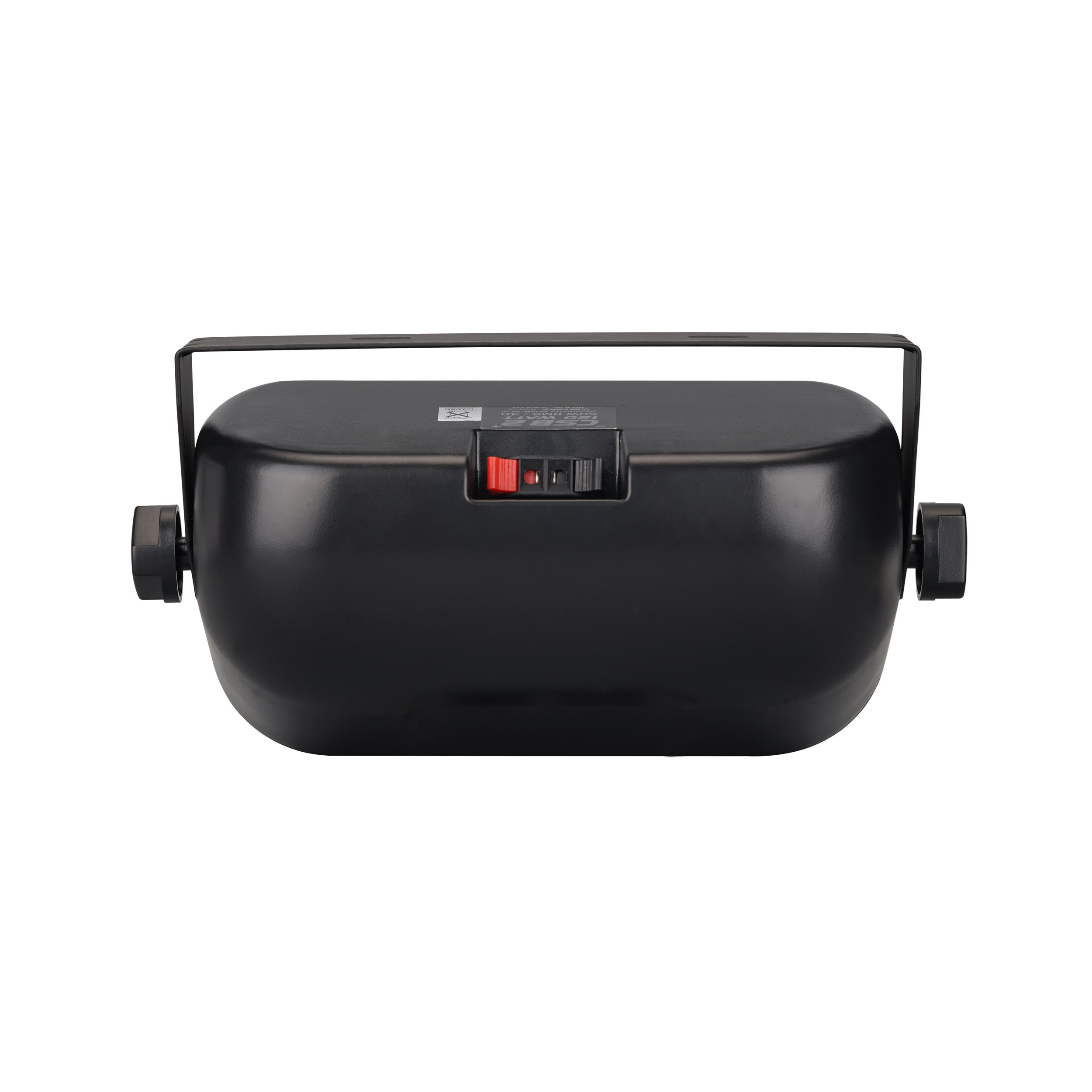 Black speaker with handle and connectors. The background is white.