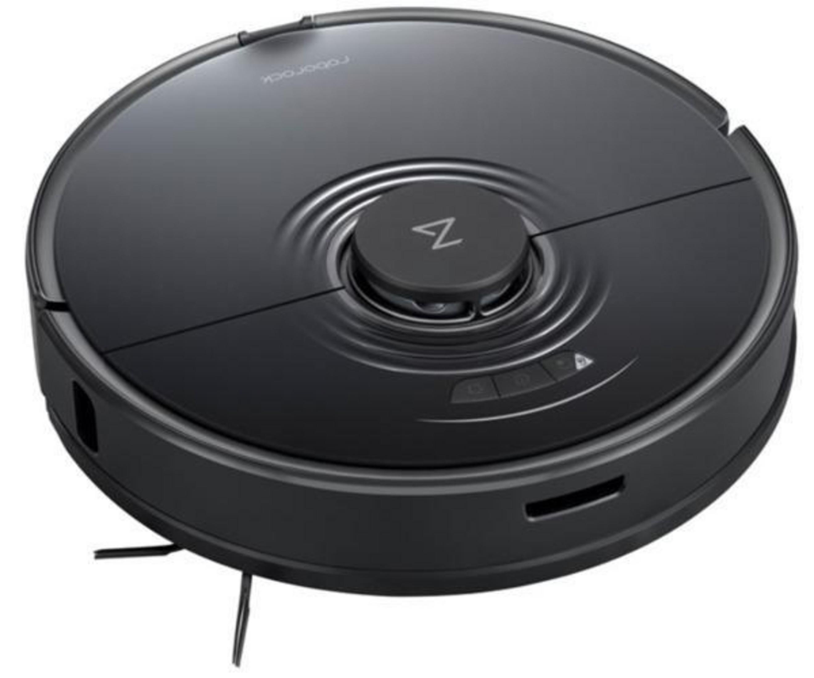 Schwarzer Roboter-Staubsauger. Es hat eine runde Form und einen zentralen Knopf.