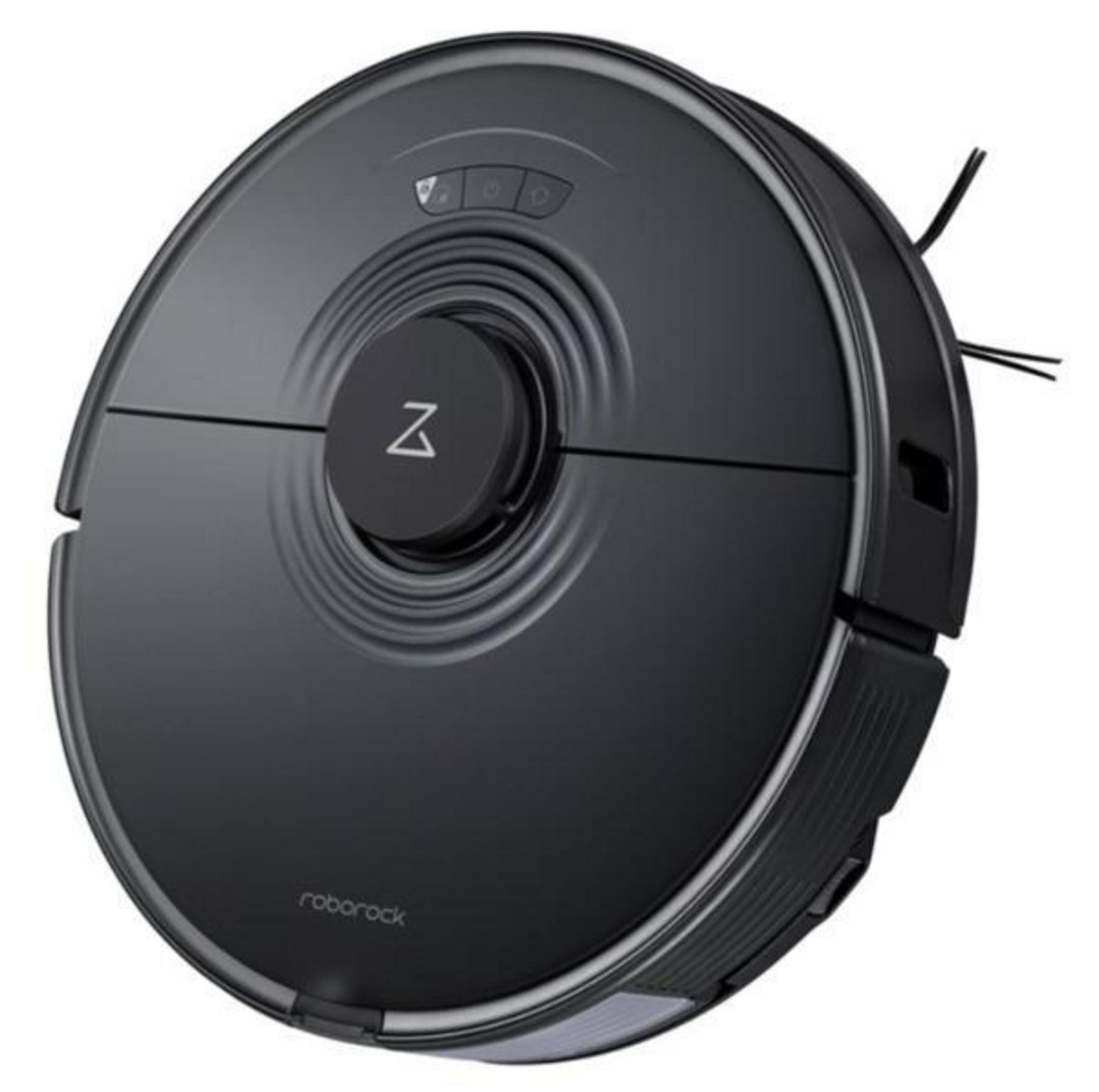 Schwarzer, runder Roboter-Staubsauger mit dem Logo 'roborock'.