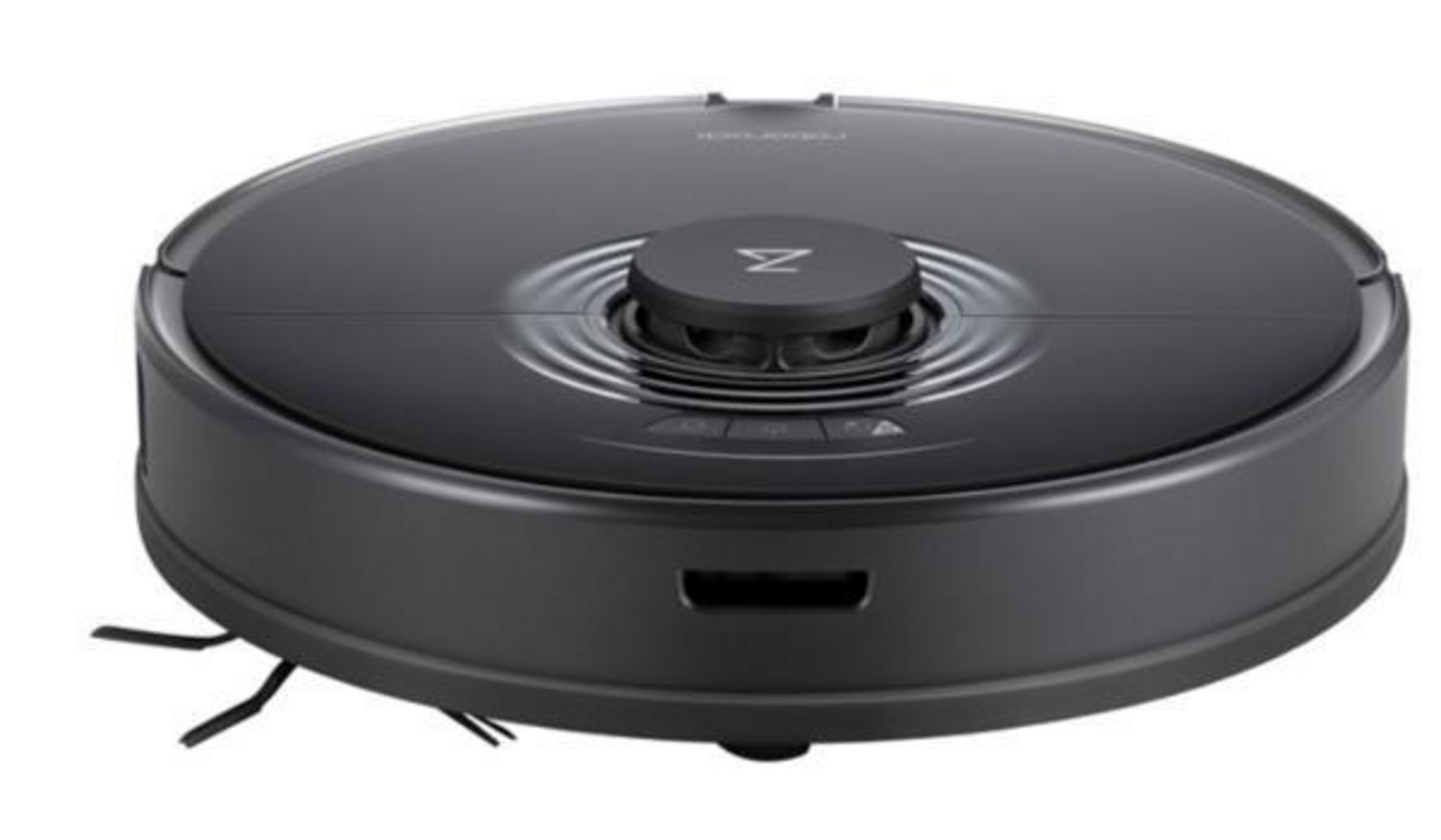 Ein schwarzer Roboter-Staubsauger auf weißem Hintergrund, von oben gesehen.