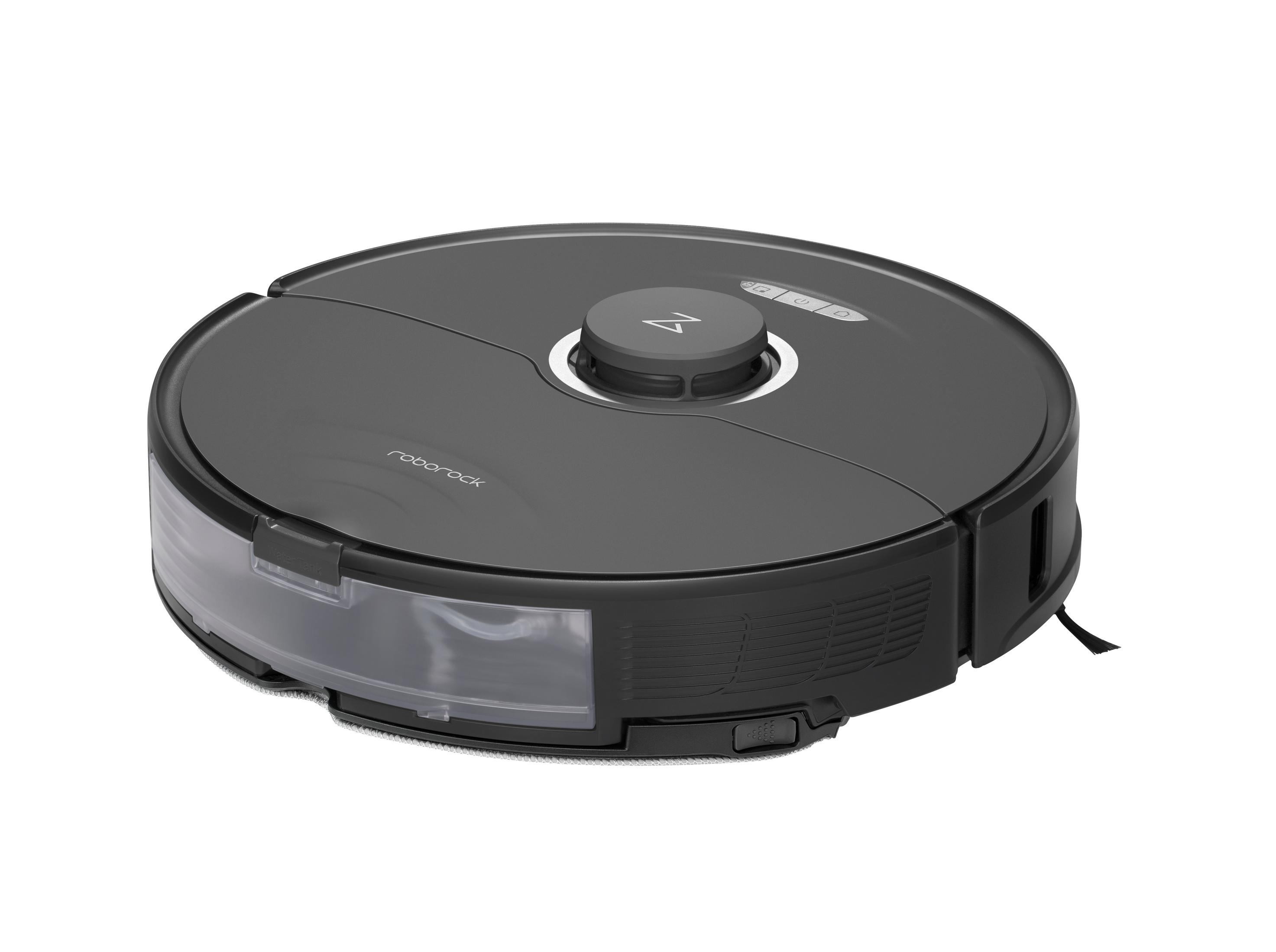 Ein dunkelgrauer Roboter-Staubsauger auf weißem Hintergrund.