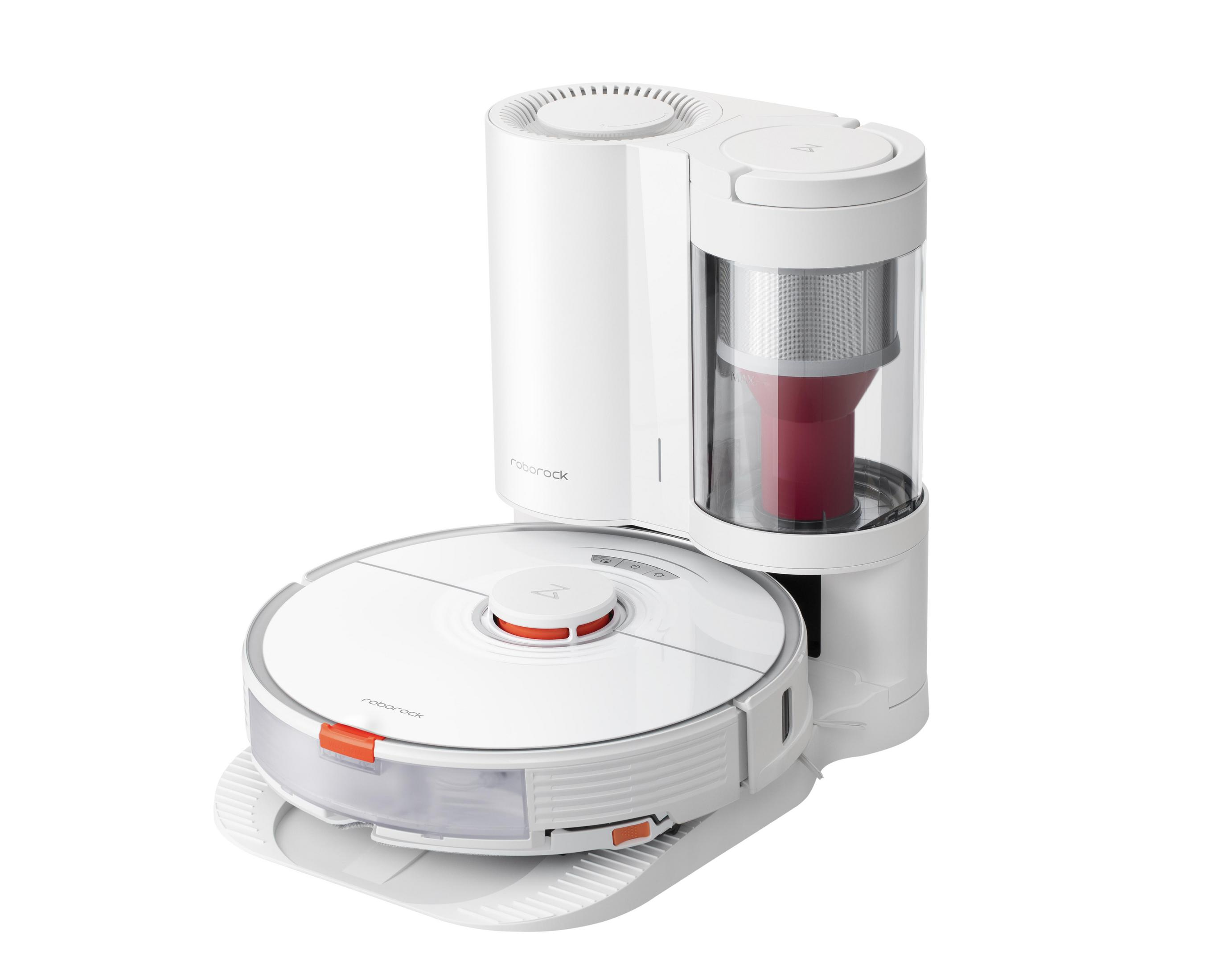 Weißer Roboter-Staubsauger mit weißer Ladestation. Rote Akzente.