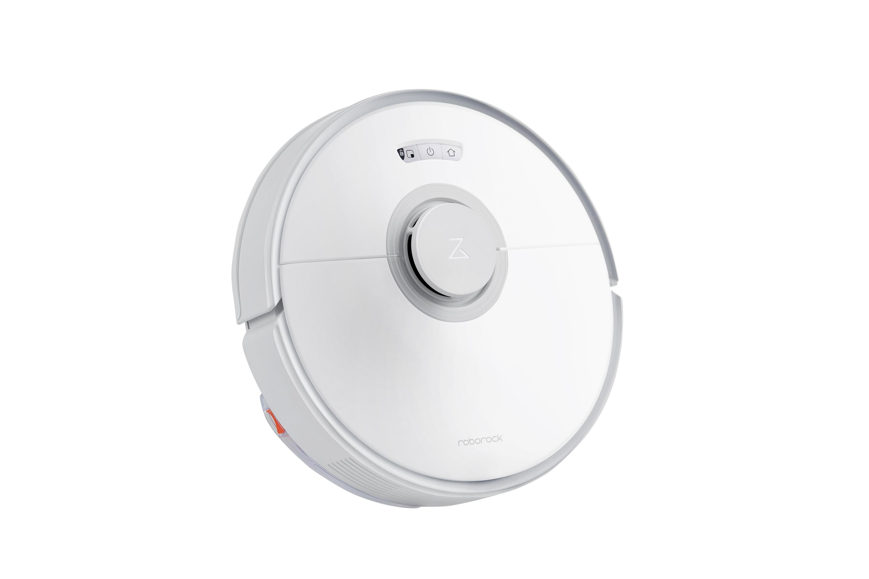 Aspirapolvere robot Roborock bianco su sfondo bianco.