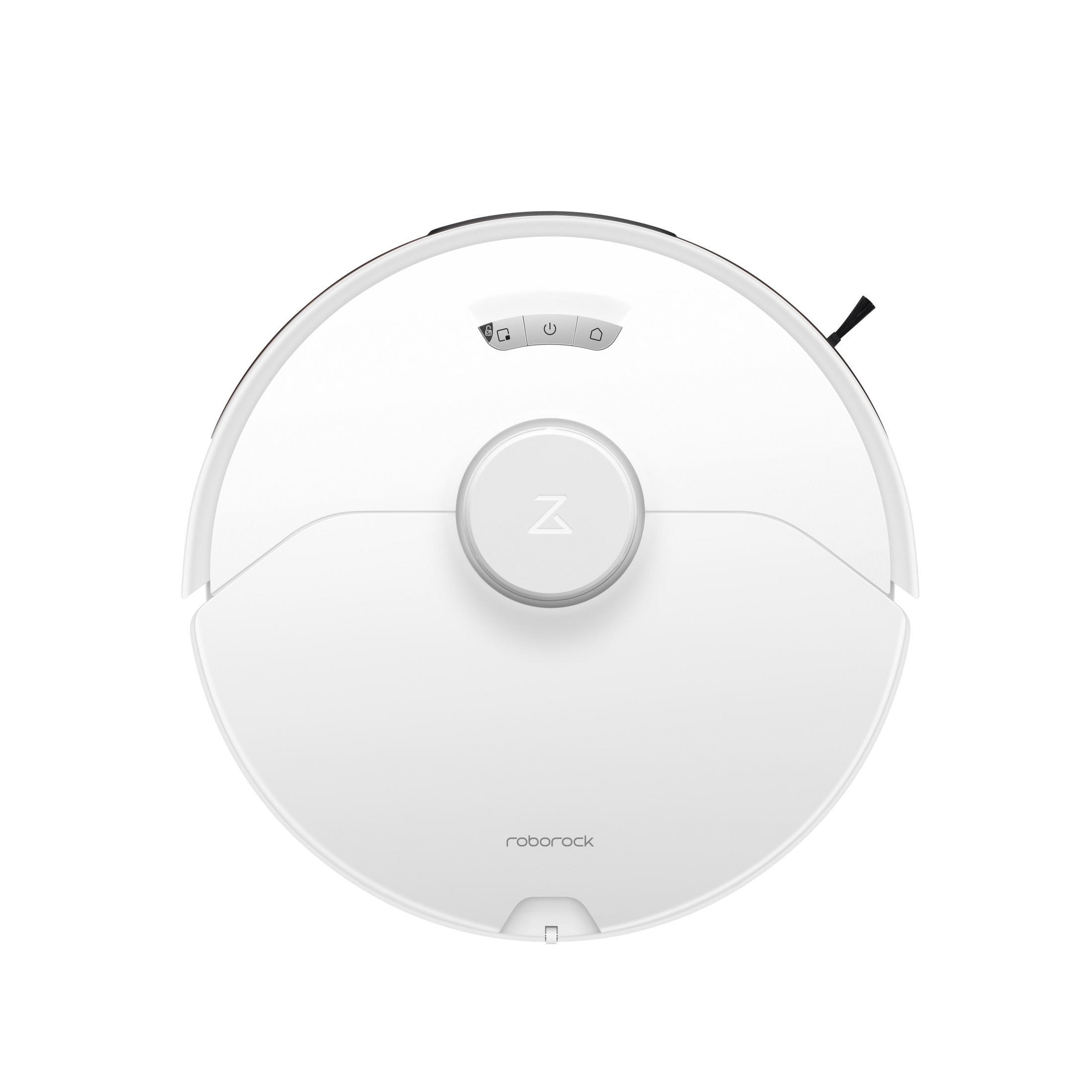 Biały, okrągły odkurzacz robot, widok z góry. Posiada centralny przycisk i szczotkę boczną.
